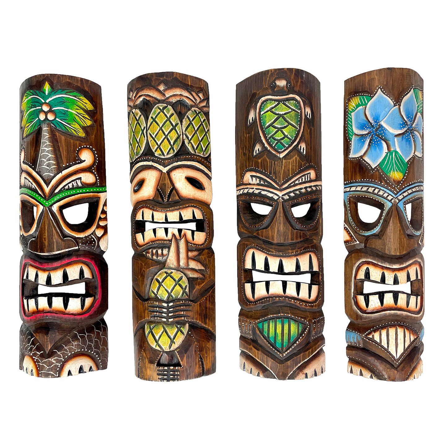 Set of 4 Hand-Carved 20&#x22; Tiki Wall Masks &#x2013; Tropical Hawaiian Decor