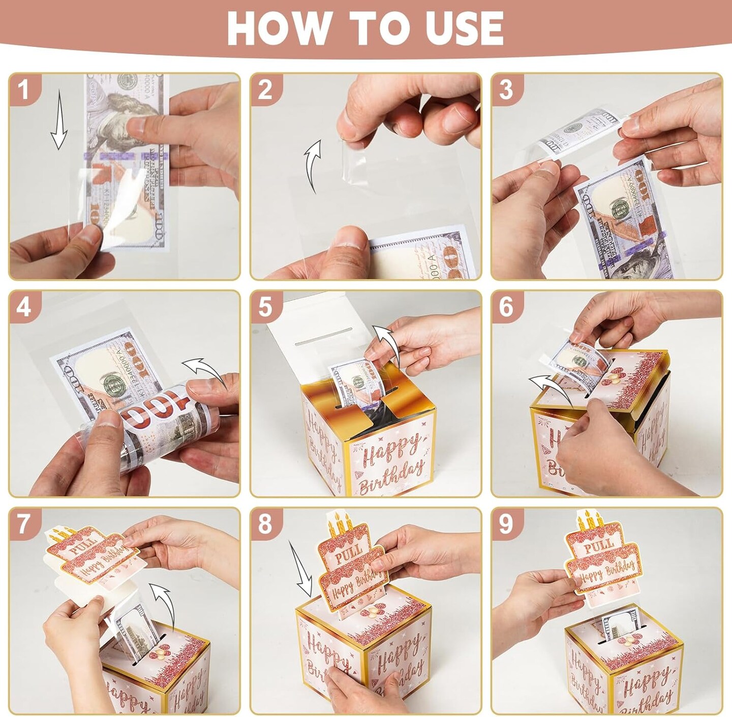 Happy Birthday Money Gift Box with DIY Stickers for Any Age - Pink Rose Gold Surprise Birthday Party Cash Gift Box with Pull Out Card for Women Girls - A Fun Way to Present Cash as Gifts