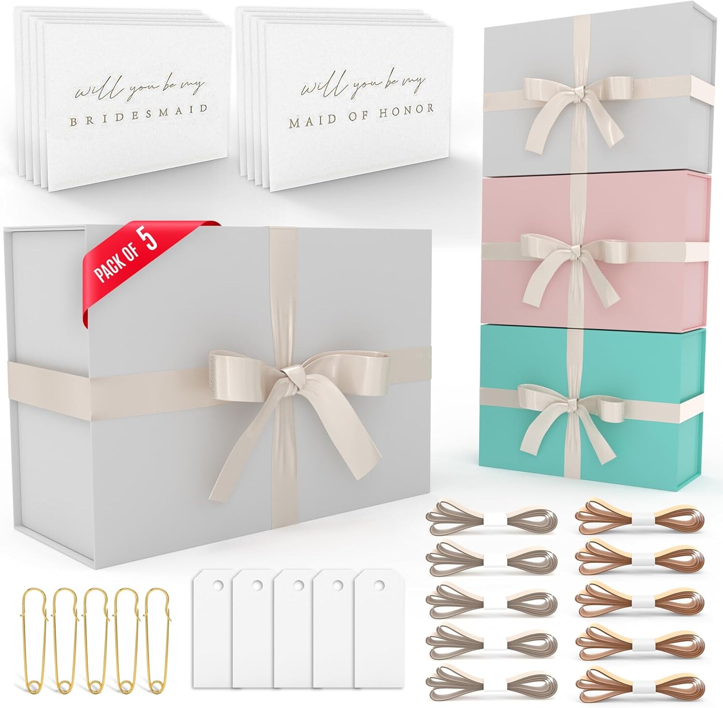Gift Box Set - Bridesmaids Gifts for Wedding (5 Pack), All Occasions, Bridesmaid Proposal, Magnetic Boxes With Lids, Big Set For Bridal, 13.5 x 9 x 4.5 inches, Large White GiftBox Welcome to Seller Assistant Please log in to your account to start w