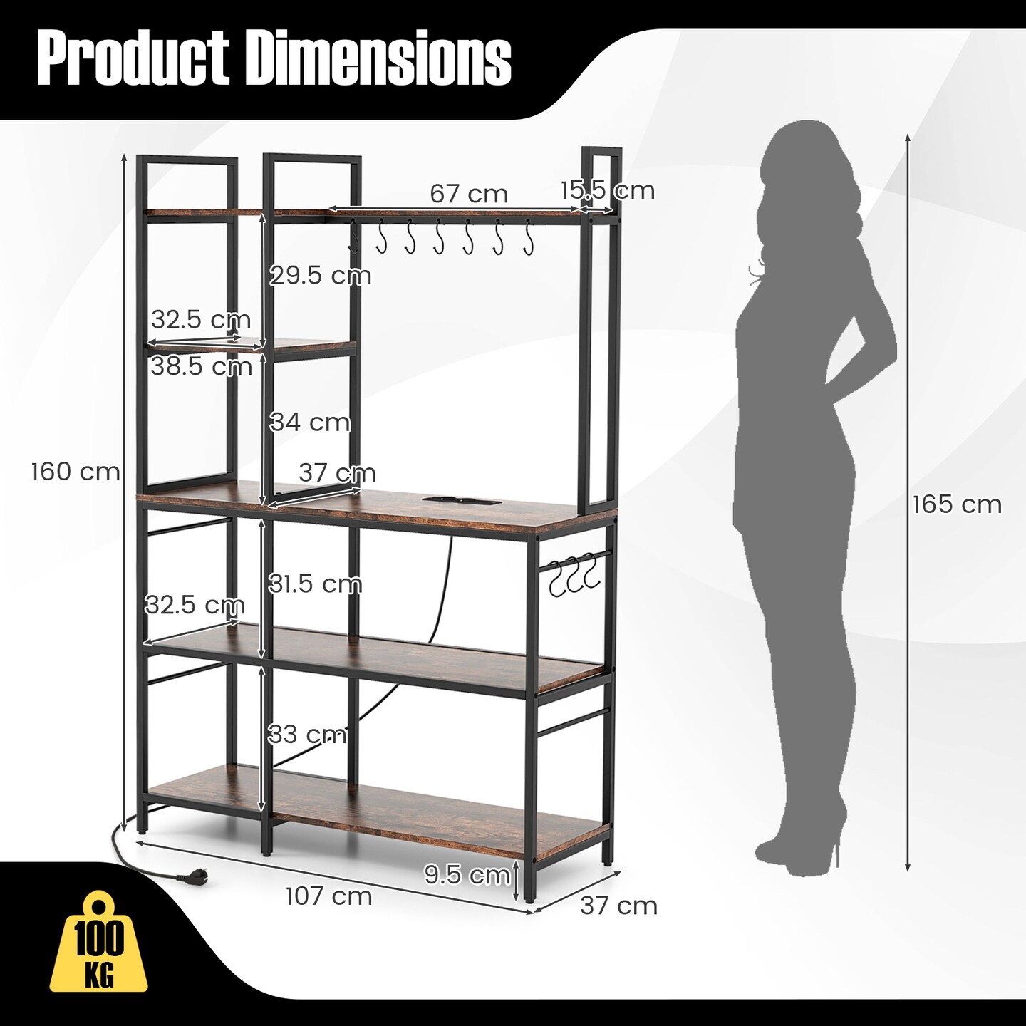 Metal and Wood Kitchen Backers Rack with Charging Ports, 5 Tiers and Anti-Tip Safety