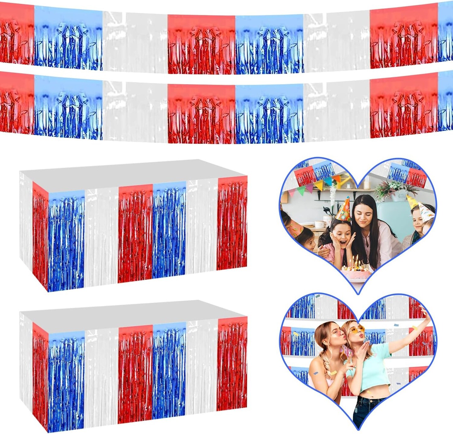 4P Metallic Foil Fringe Banner Tinsel Table Skirts for Rectangle Tables Backdrop Banner Garland Curtains for Parade Floats Wedding Graduation Anniversary Birthday Parties Decoration(White Blue Red)
