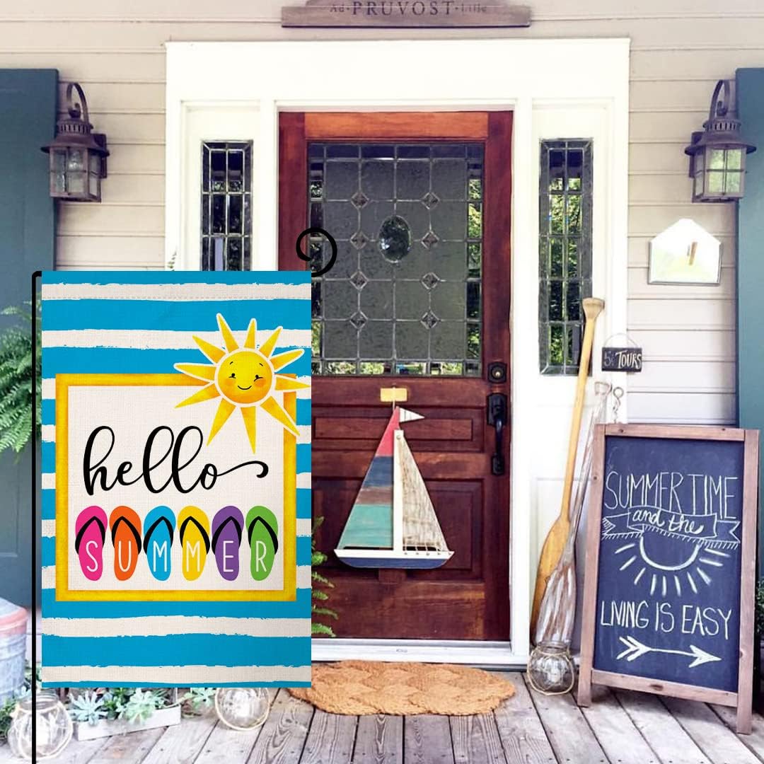 Hello Summer Beach Garden Flag 12x18 Vertical Double Sided Colorful Slippers Holiday Outside Decorations Burlap Yard Flag BW330