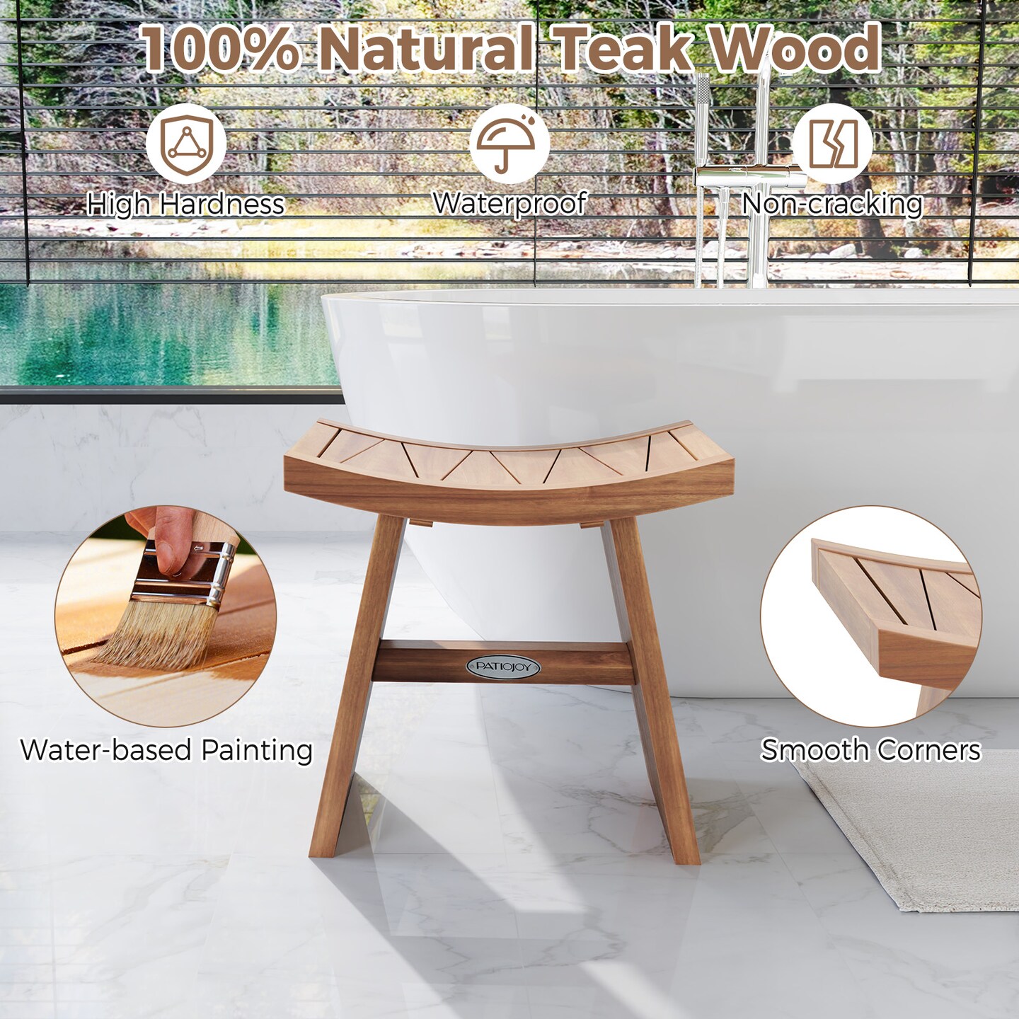 18 Inch Teak Wooden Shower Bench with Curved Seat Suitable for Indoor or Outdoor Use