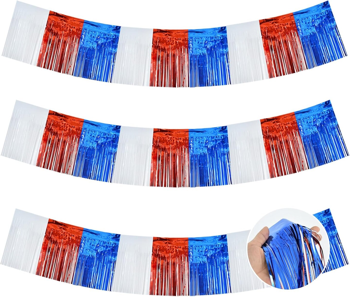 3 Packs Red White Blue Metallic Foil Fringe Garland Red White Blue Wall Hanging Tinsel Fringe Banners for Floats Birthday Bridal Shower Wedding New Year Party Decoration(30 Feet)