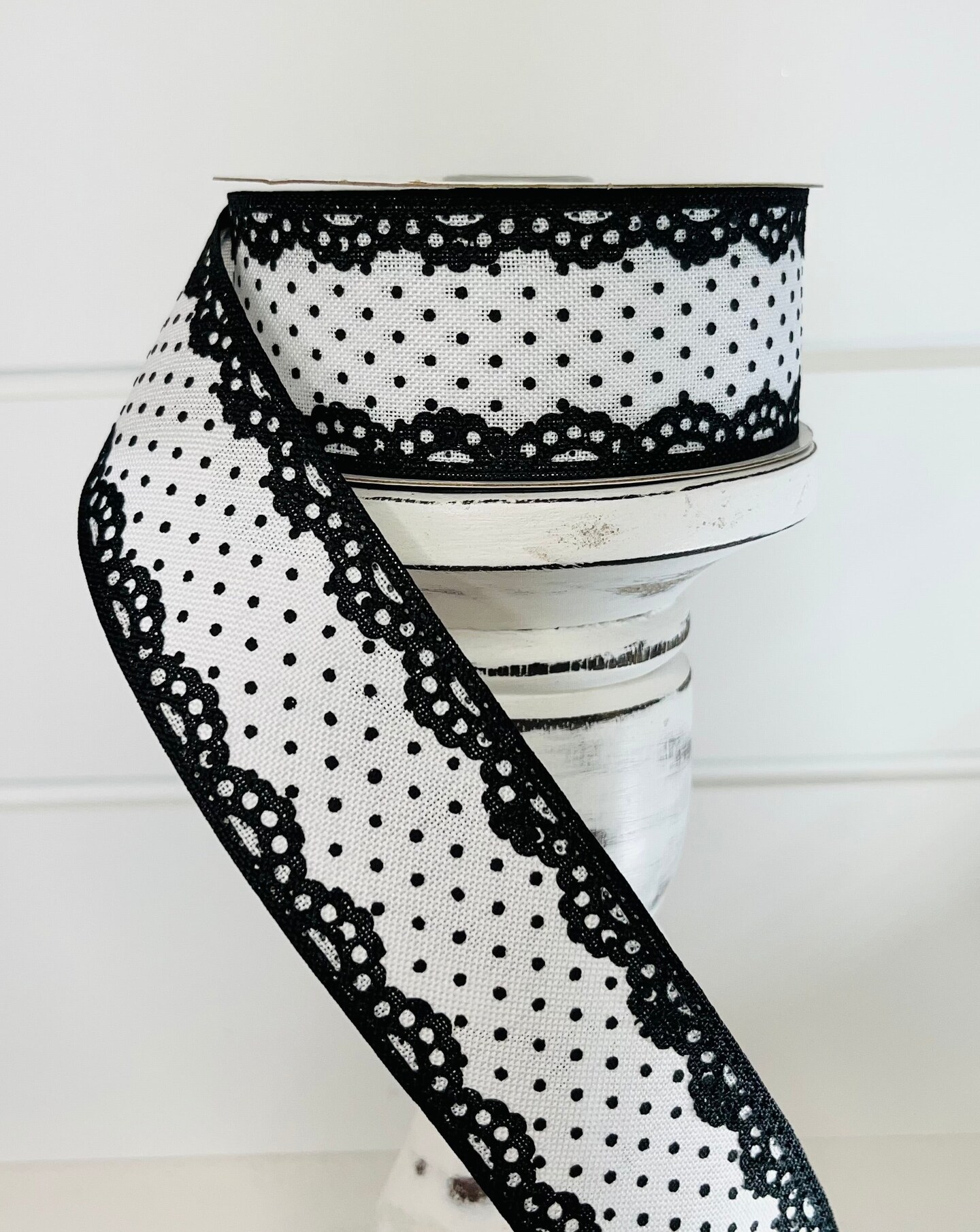 1.5&#x22;x10YD Black/White Raised Swiss Dot Lace Wired Ribbon - Elegant Texture for Timeless Crafts and Decor-RG08817L6
