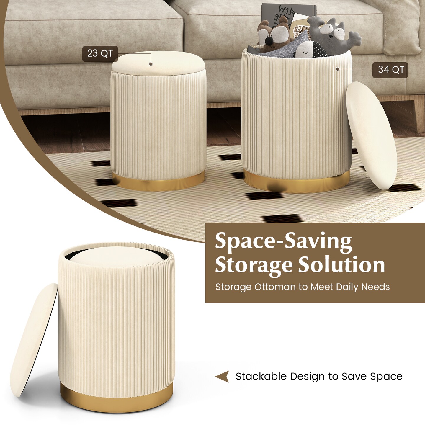 Set of 2 Stackable Velvet/Linen Storage Ottomans with Reversible Tabletop Lid