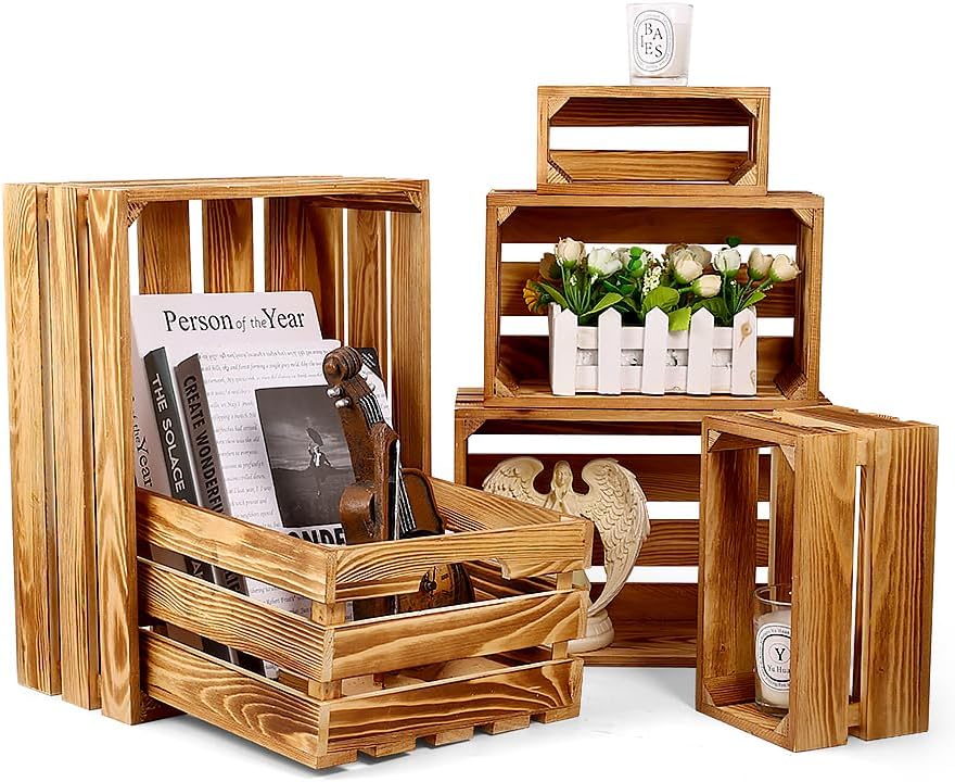 Set of 6 Decorative Wood Crates Nesting Storage Container, 6 Size Farmhouse Decorative Wooden Storage Boxes, Rustic Wooden Crates for Storage, Display, Decorations