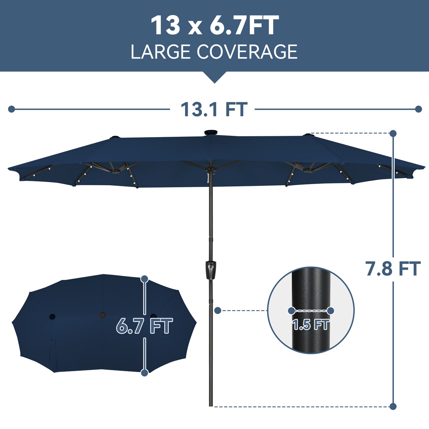 13ft Large Rectangular Outdoor Patio Umbrella with Solar Light, Reversible Outdoor Shade with Crank and Tilt for Garden, Patio, Deck and Pool (Navy Blue)