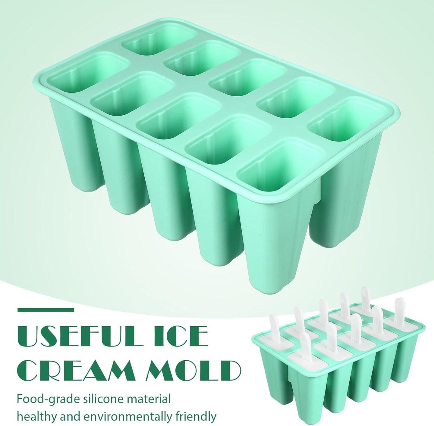 Mini Silicone Popsicle Mold, 10-cavity DIY Ice Pop Mold with Reusable Sticks,Homemade Popsicles Molds,Ice Cream Mold,Ice Pop Molds Maker (Green)