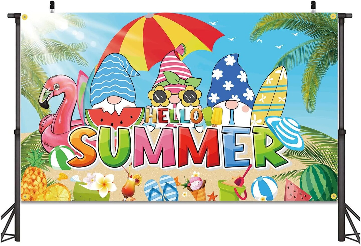 Backdrop Banner for Hello Summer 73 x 43 Inch Large Size Flamingo Palm Tree Background Banner for Summer Vacation Party Decorations for Summer Beach Pool Party Indoor Outdoor Photo Booth Props