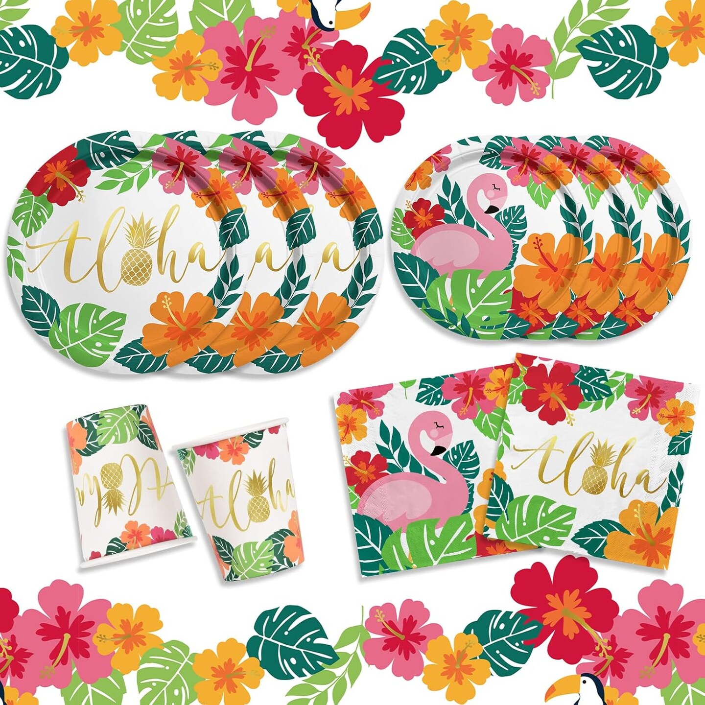 Tropical Luau Party Supplies Flamingo Party Dinnerware Set Disposable Paper Plates Napkins Cups and Tablecloth for Hawaiian Beach Party Decorations