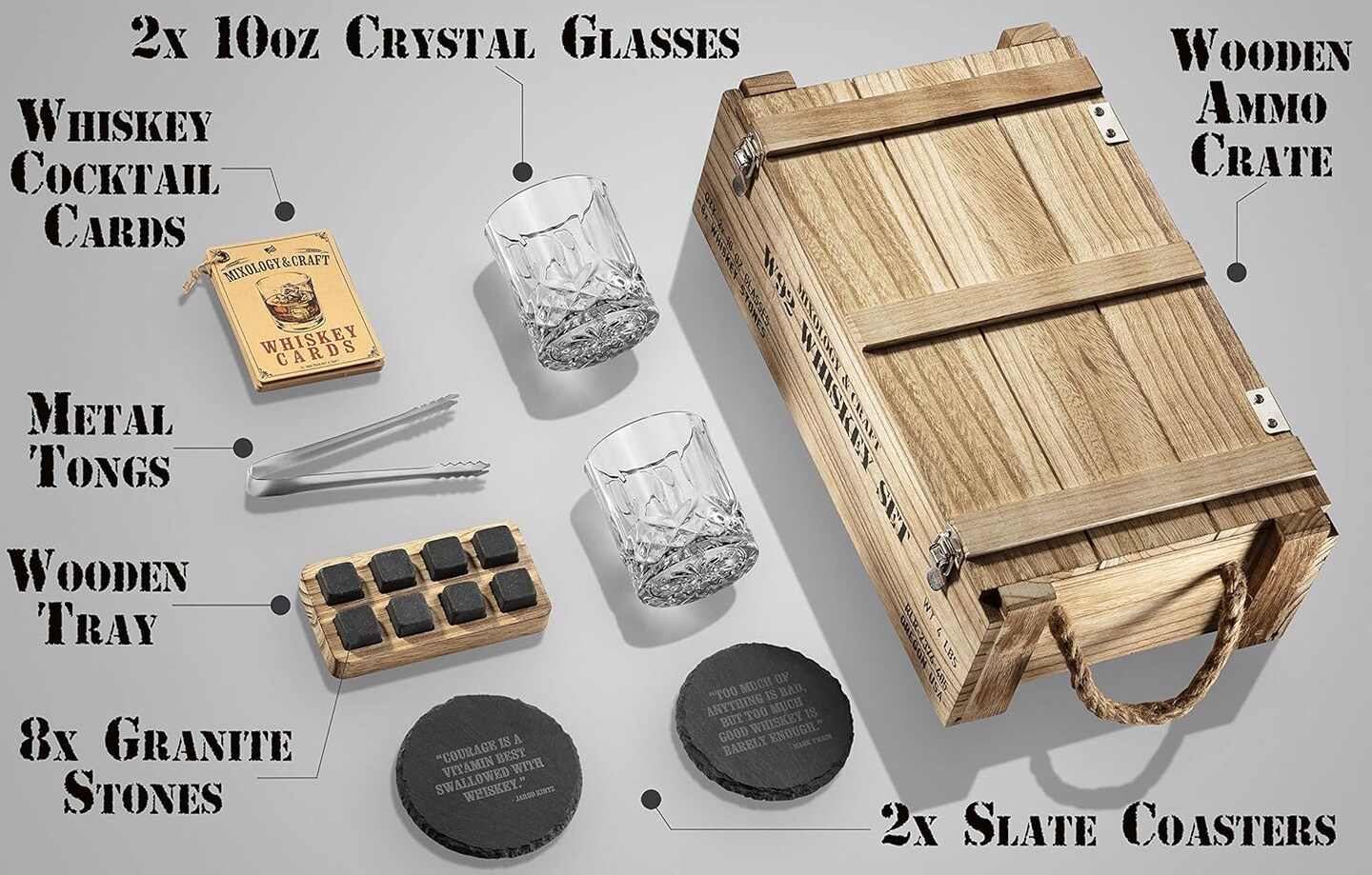 Whiskey Stones Gift Set, Whiskey Glass and Stones Set with Wooden Army Crate, 8 Granite Whiskey Rocks Chilling Stones and 10oz Whiskey Glasses, Whiskey Gift for Men, Dad, Husband