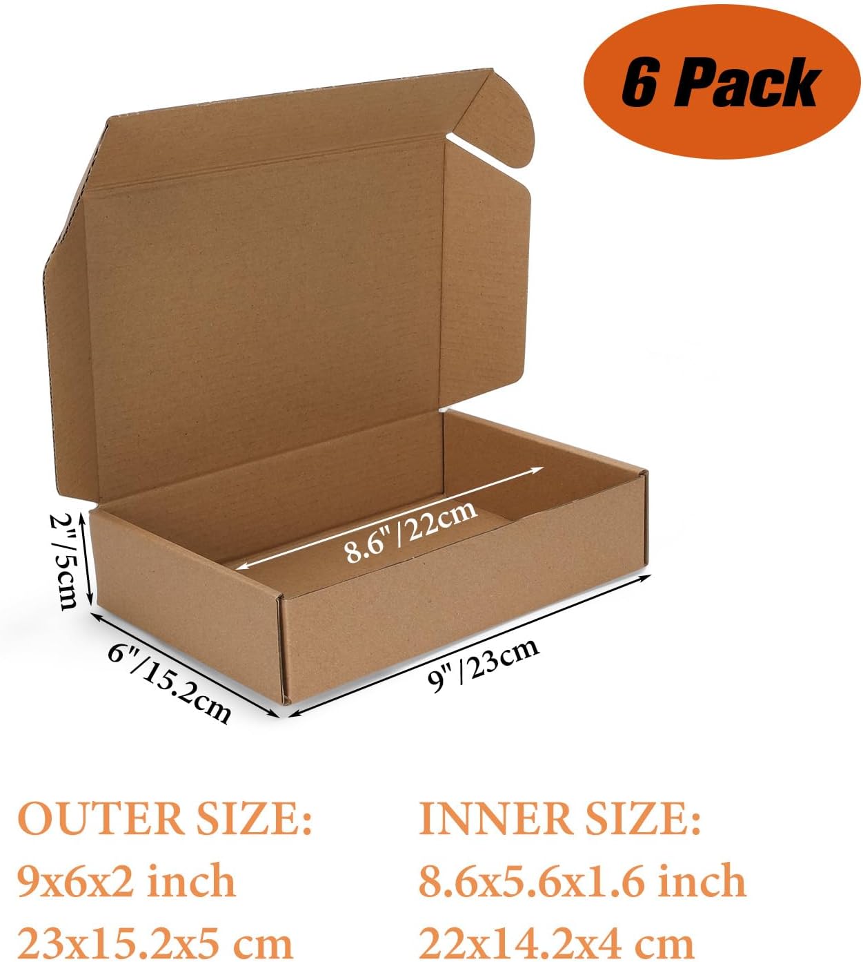 6-Pack 9x6x2 Inch Brown Kraft Shipping Boxes – Tab Lock Tuck Top Mailer Boxes for Small Business, Gifts, and Packaging (Brown)