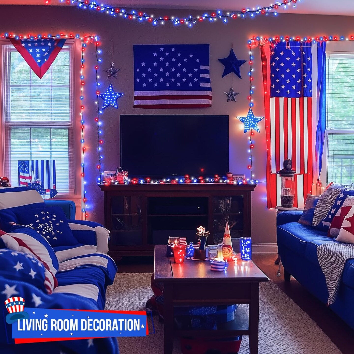 500 LED Red White and Blue Lights 4th of July Decorations, 173ft 8 Modes 4th of July Lights Outdoor, Waterproof Patriotic String Light Plug in for Memorial Day Independence Day Holiday Decor