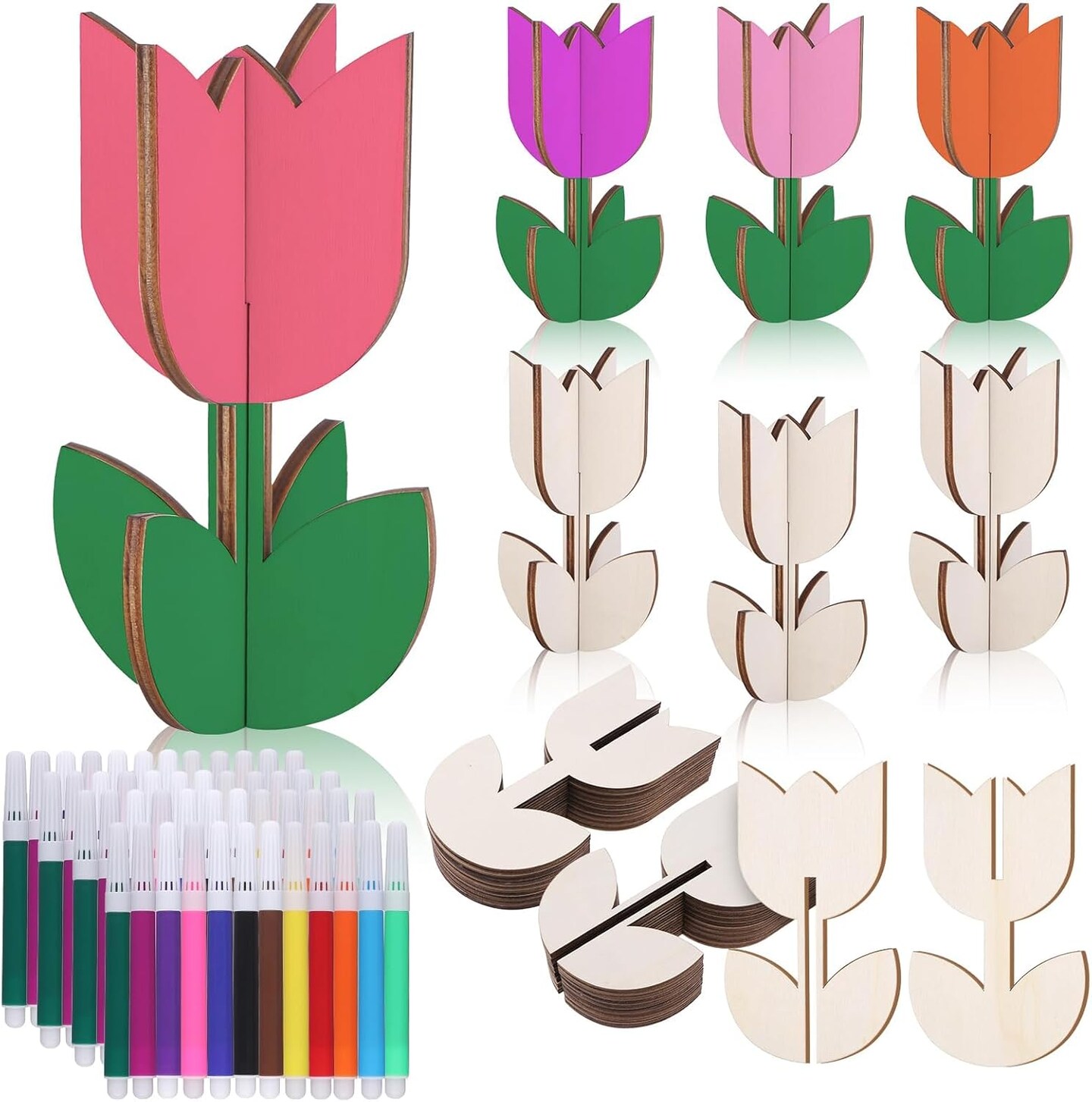 96 Pcs Unfinished Wooden Tulips Cutouts with Color Pens Paintable 3D Spring Flower Wood Slices Ornaments Tulips Shaped Craft Table Signs
