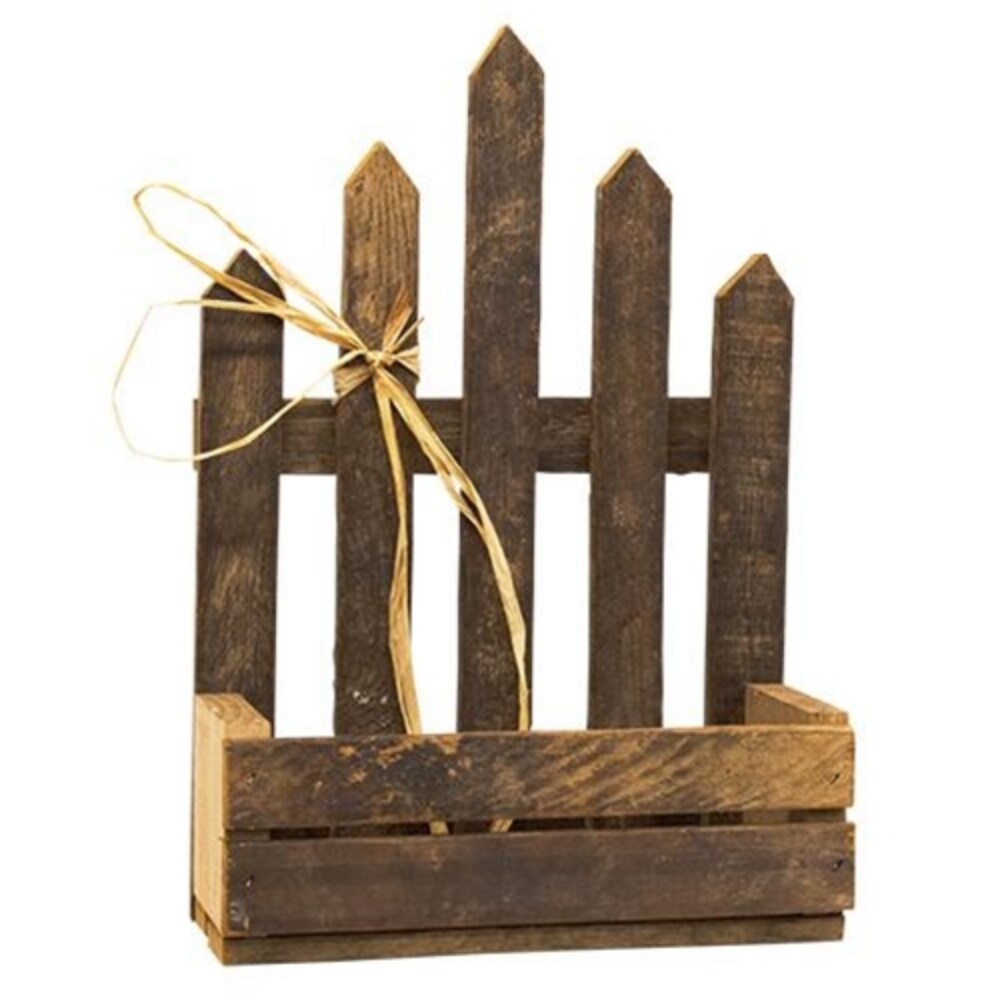 Rustic Wood Lath Picket Planter with Raffia Bow for Home Storage