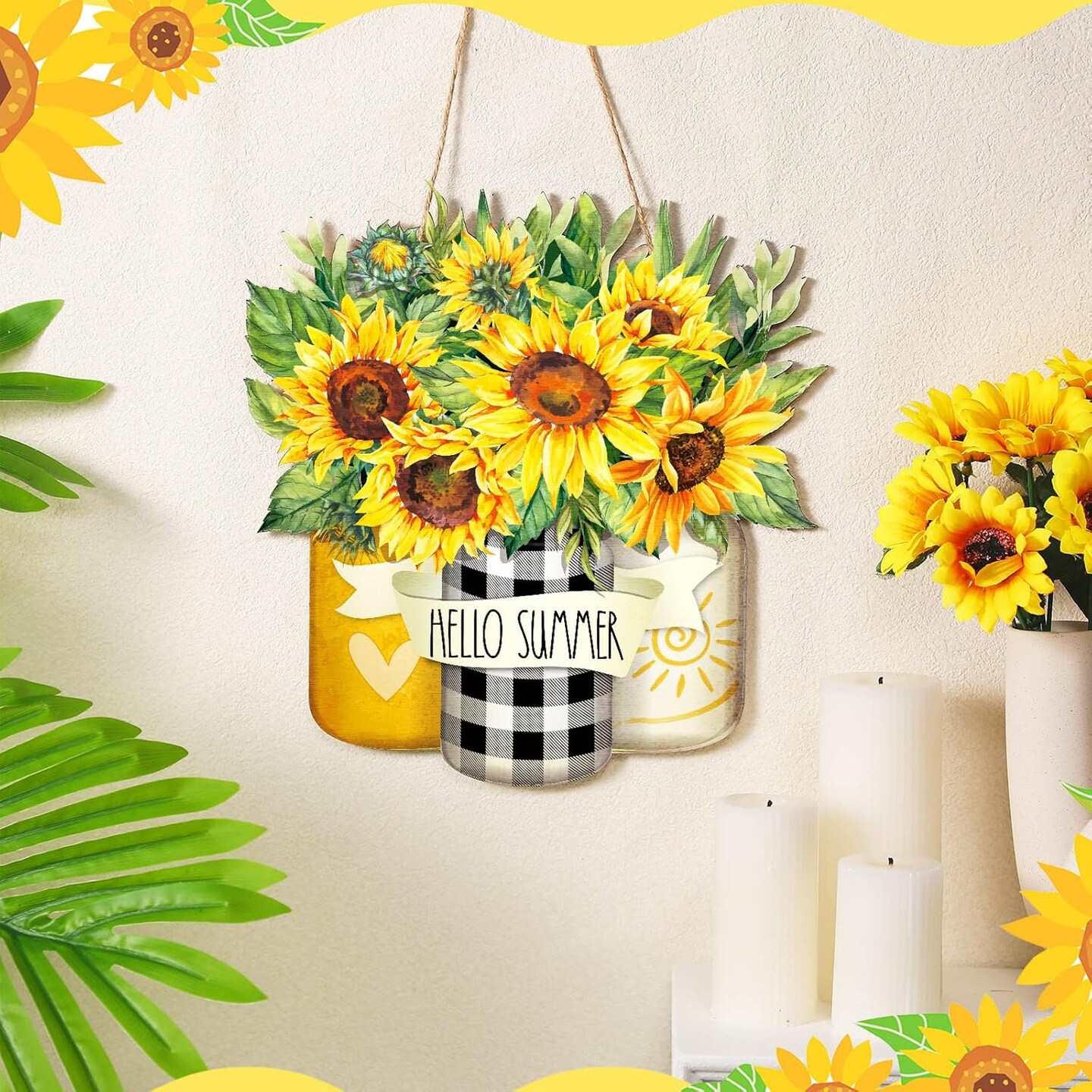 Sunflower Hello Summer Sign Welcome Wood Flower Sign Front Door Decor Inspirational Wood Hanging Door Sign Outdoor Wooden Front Door Decorations for Farmhouse Porch