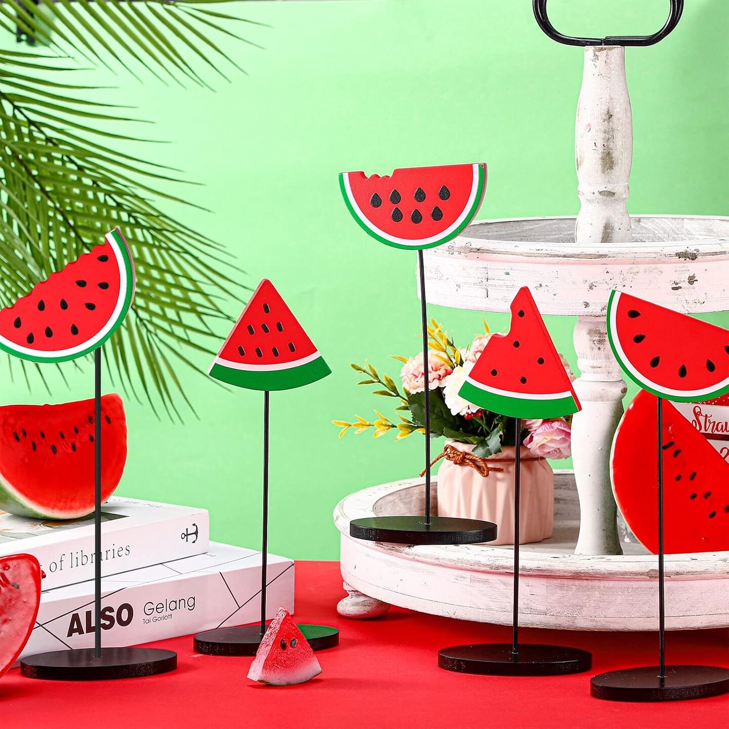 5 Pcs Summer Watermelon Wooden Sign Summer Farmhouse Wooden Tiered Tray Decor Rustic Table Topper Sign for Farmhouse Home Kitchen Party Decor (Watermelon Style)