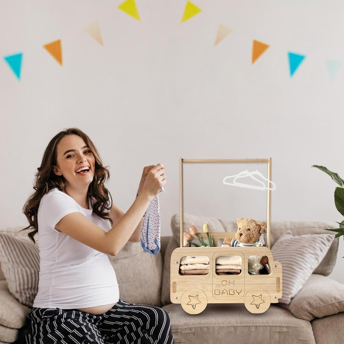 Baby Shower Crate Closet, Bus Shape Baby Shower Basket with Handle Baby Storage Crate, Wooden Crate for Pregnancy New Parent