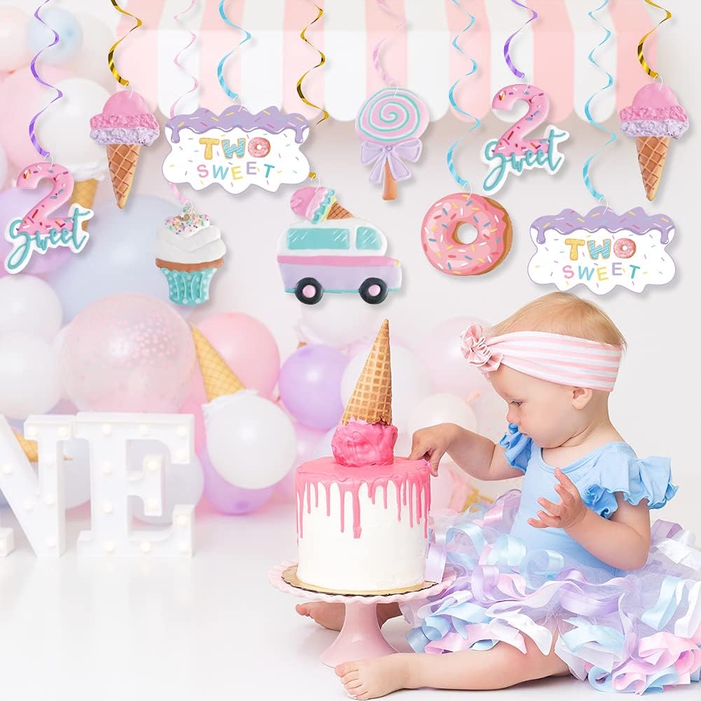 Pastel Ice Cream Two Sweet 2nd Birthday Party Supplies, Ice Cream Donut Party Hanging Swirls Decorations, Summer Ice Cream Party Hanging Streamers for Ice Cream Baby Second Birthday Donut Theme Party