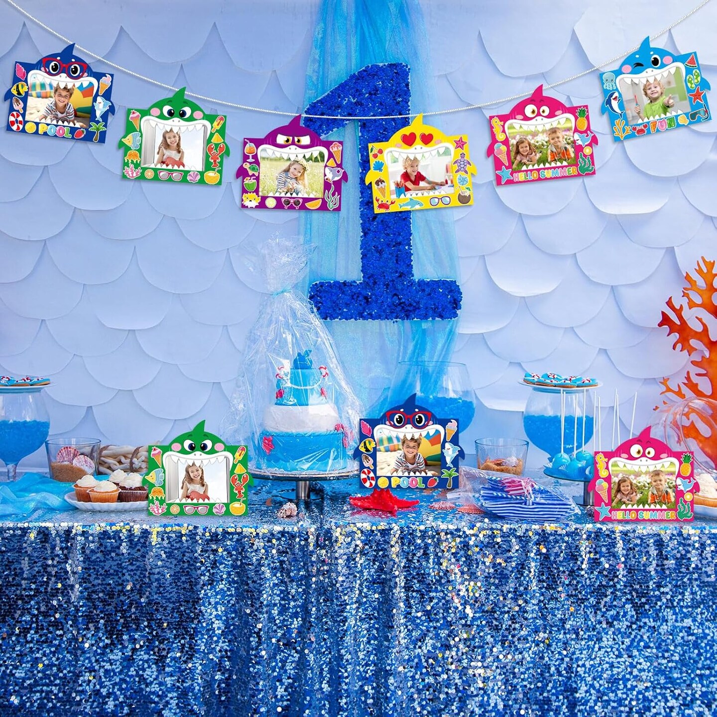 48 Pcs Summer DIY Picture Frames Craft Kits with Sticker Shark Shape Picture Frames Sea Theme Photo Frame Handmade Craft Decorate Gifts