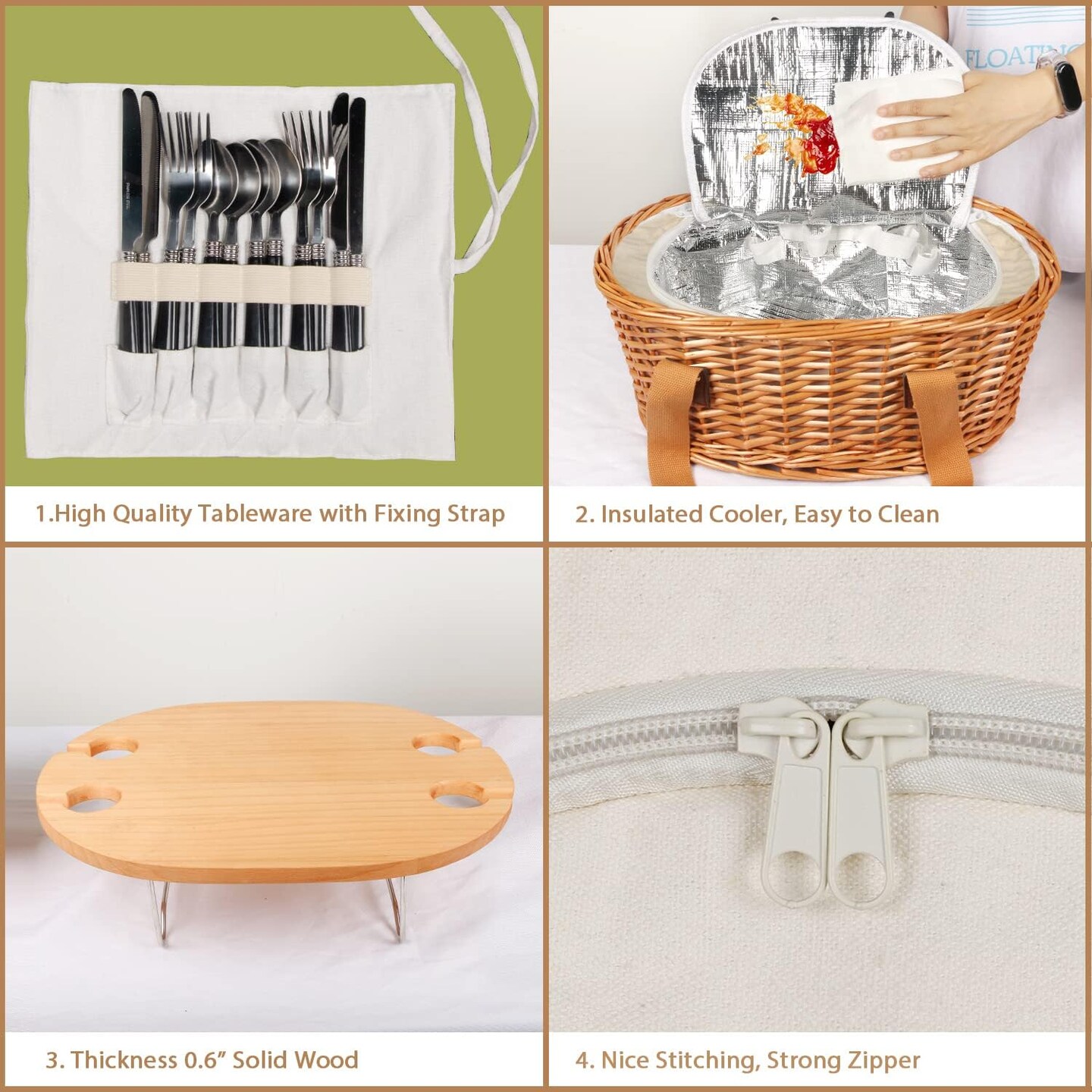 Wicker Picnic Basket Set for 4 with Mini Folding Wine Picnic Table &#x26; Large Insulated Cooler Bag &#x26; Cutlery Service Kits for 4 Person, Couples Gifts, Wedding Gifts (Y2209-4-CM)