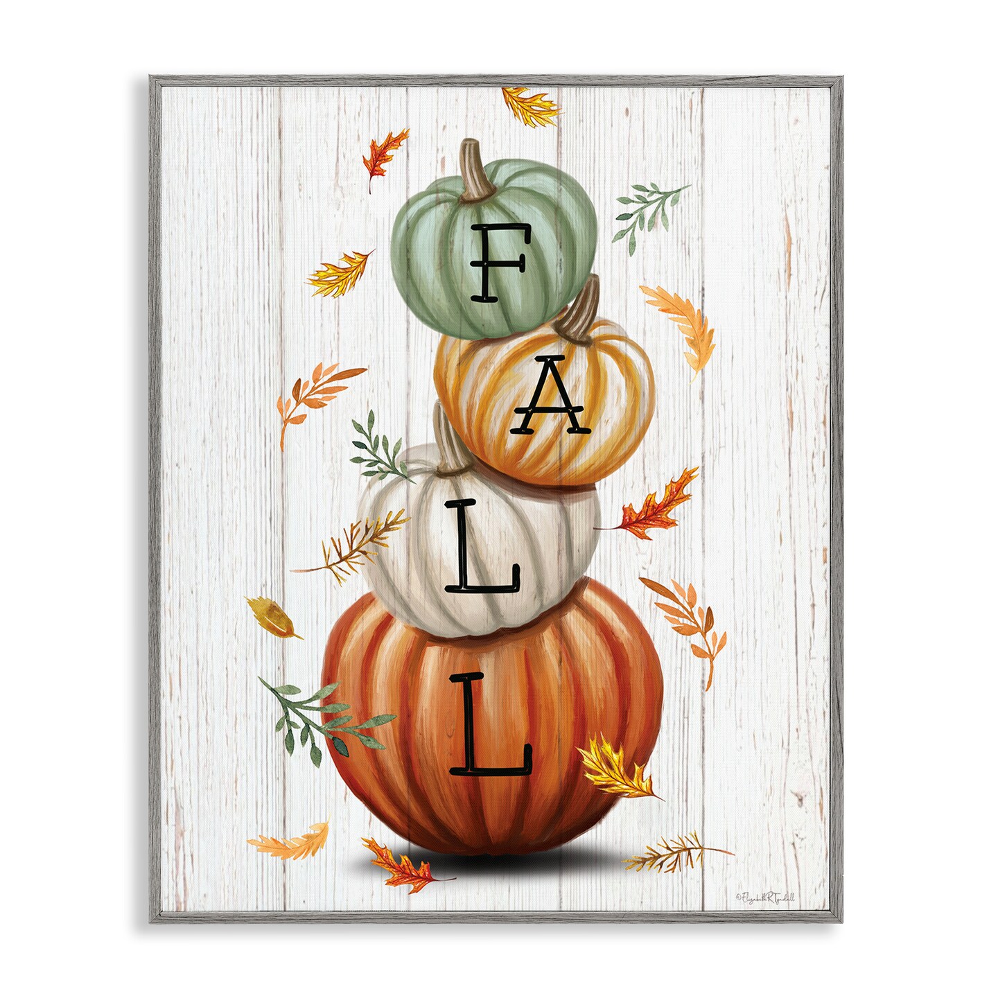 Stupell Industries Falling Leaves & Pumpkin Stack Framed Giclee Design by Elizabeth Tyndall