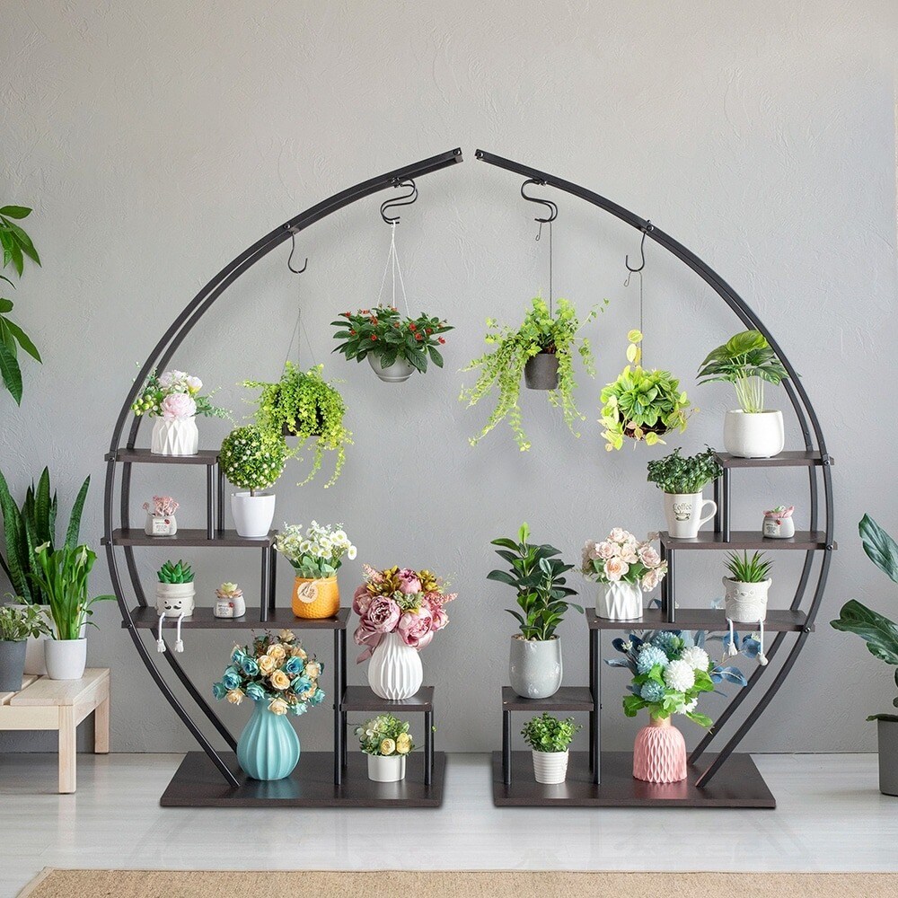 2-Pieces 5-Tier Semicircle Ironwood Plant Stand