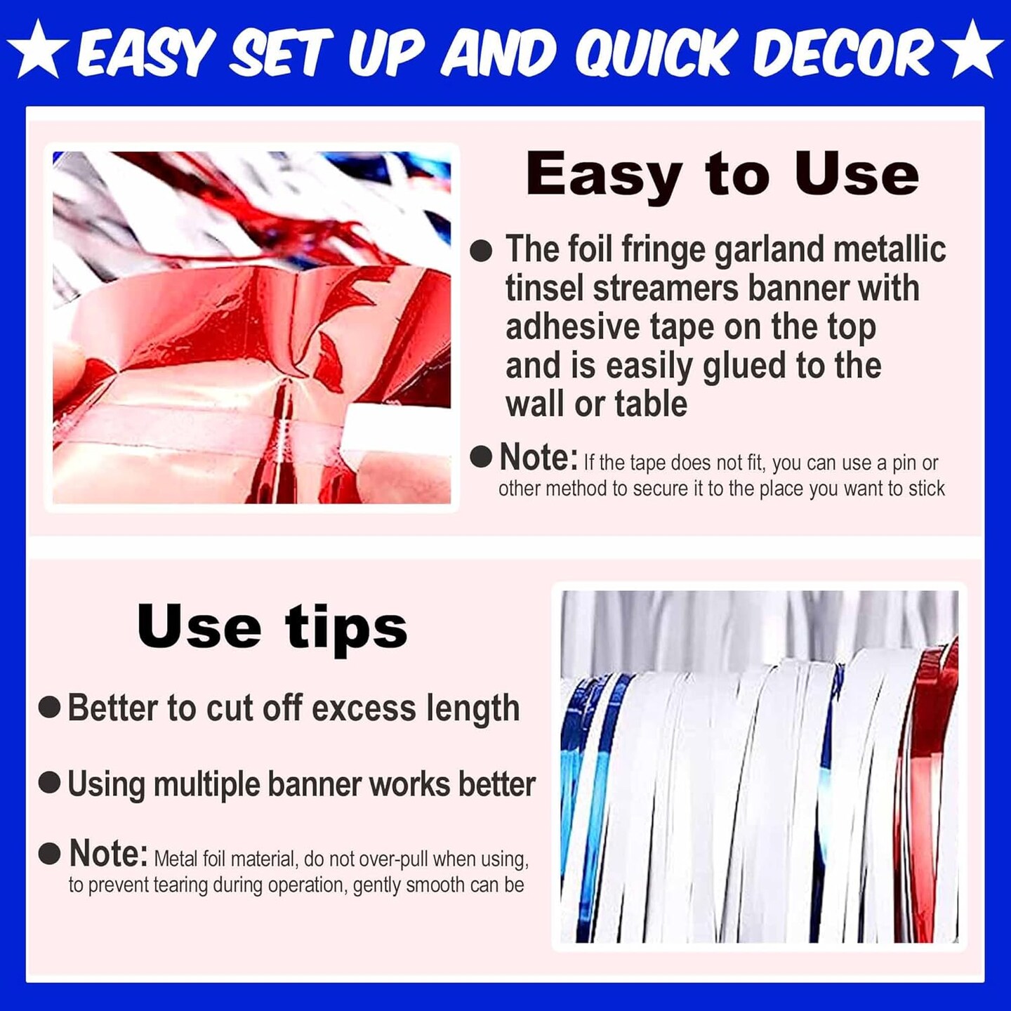 3 Pack 10 Ft White Blue Red Foil Fringe Garland Metallic Streamers Tinsel Banner Wall Hanging Garland Backdrop for Parade Floats, Halloween, Christmas, Thanksgiving, New Year Party Decorations