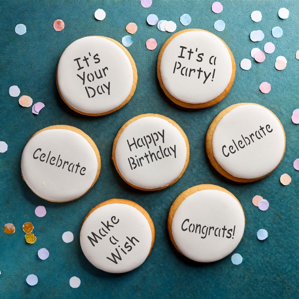 It&#x27;s a Party Cookie Stencil Set: Happy Birthday, Congrats, It&#x27;s a Party, Make a Wish, Celebrate | C823 by Designer Stencils | Cookie Decorating Tools | Baking Stencils for Royal Icing, Airbrush, Dusting Powder | Reusable Food Grade Stencil