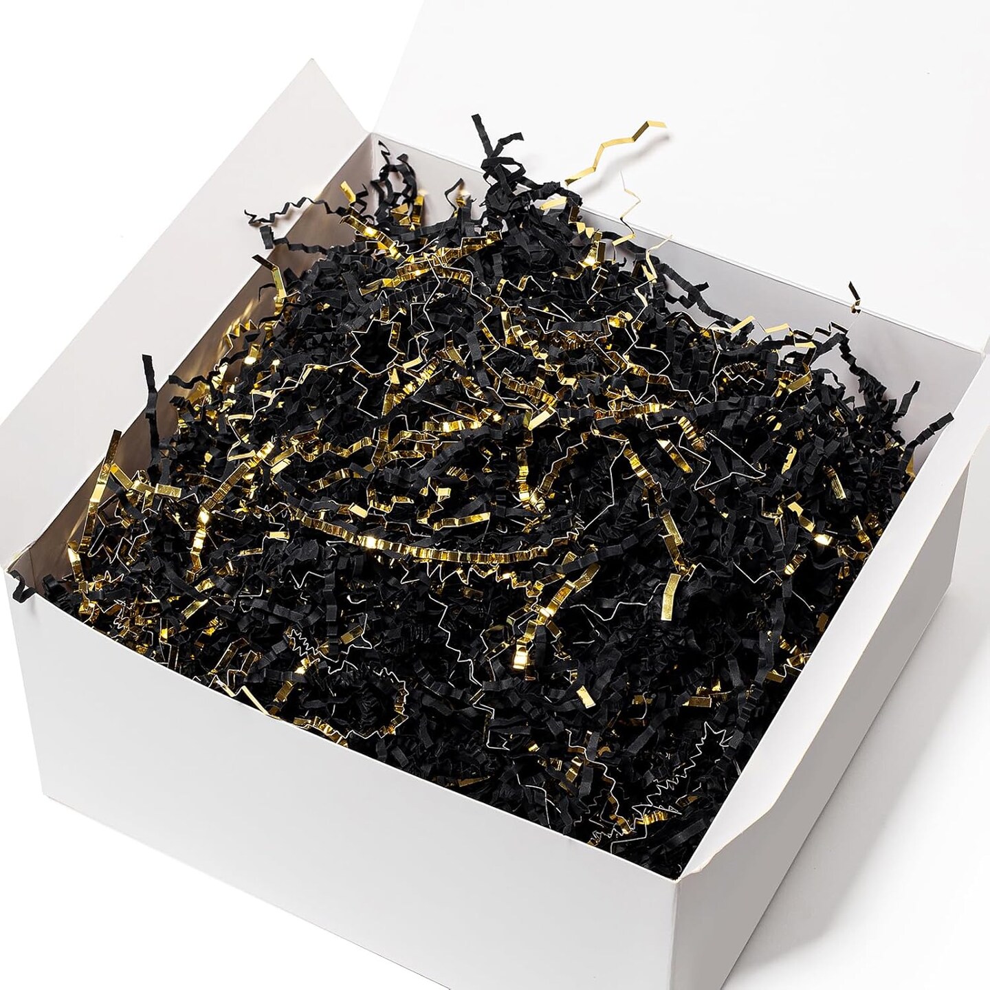 2 LB Crinkle Cut Paper Shred Filler Black &#x26; Gold Crinkle Shredded Paper for Gift Box - Gift Basket Bag Filler - Grass Cushion Stuffing for Christmas Holiday Packaging Wrapping