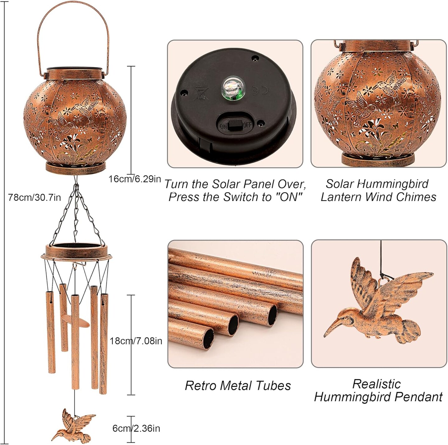 Hummingbird Wind Chimes for Outside, Gifts for Mothers Day Woman Mom Grandma,30&#x22; Metal Hanging Solar Lantern Wind Chimes Outdoor, Garden Decor Memorial Windchimes for Patio Porch Yard