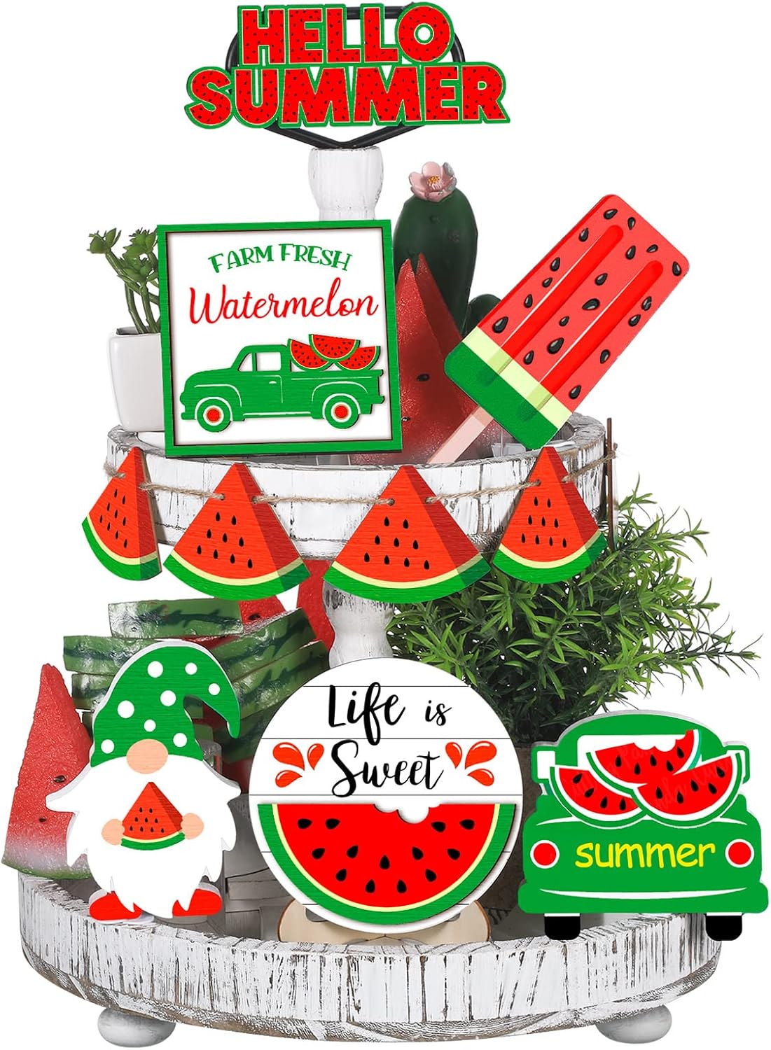 11 Pieces Summer Hawaii Tabletop Decor Set Summer Wood Sign Beach Sunshine Tiered Tray Decorations for Beach Home Table Shelf(Watermelon Style)