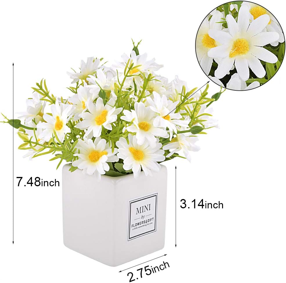 Artificial Flowers, Faux Flowers in Vase Small White Daisy Decor Mini Silky Artificial Daisies Fake Plant Flower Decor for Home Decor Indoor Centerpiece Table Decorations