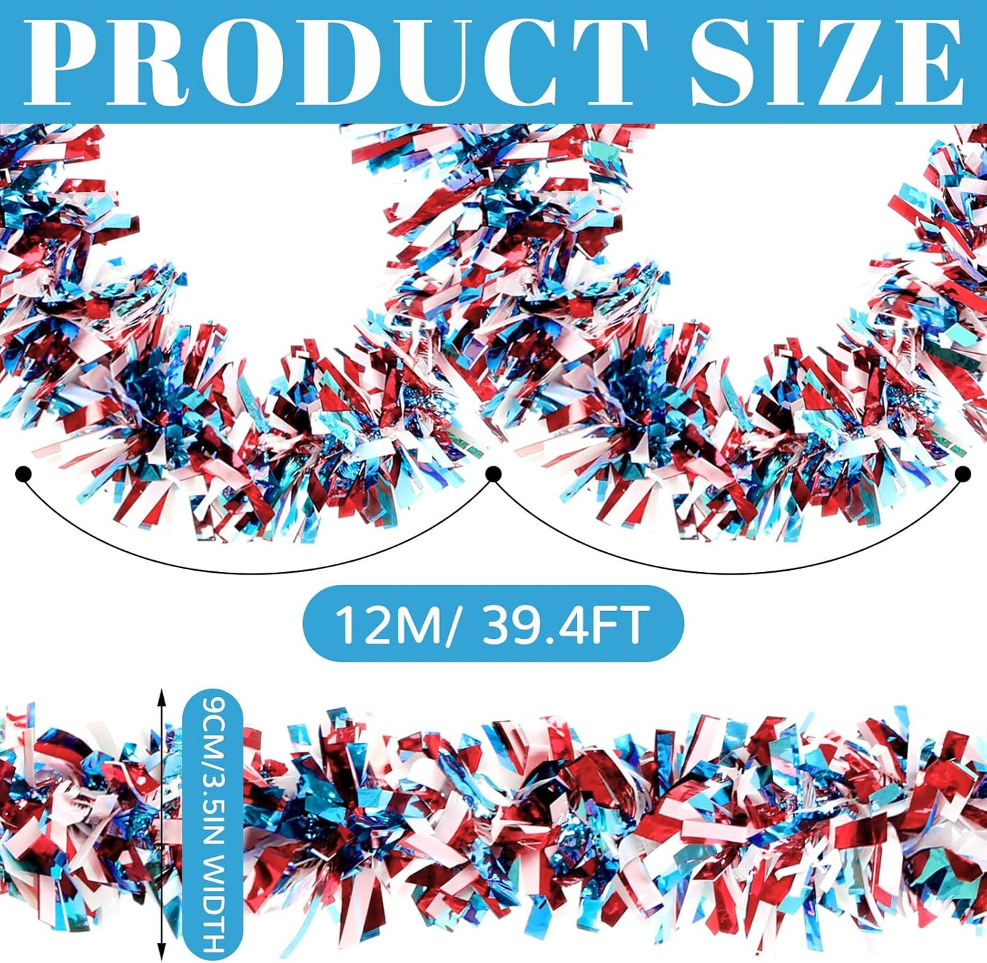 39.4ft 4th of July Patriotic Tinsel Garland Red White Blue Shiny Metallic Garland Hanging Decorations for Independence Day Memorial Day Party Decorations