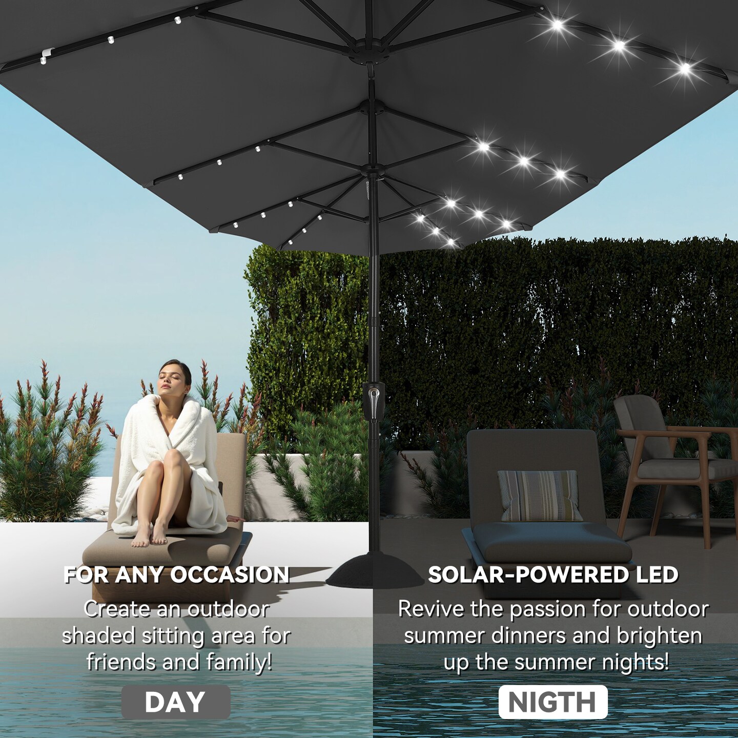 13ft Large Rectangular Outdoor Patio Umbrella with Solar Light, Reversible Outdoor Shade with Crank and Tilt for Garden, Patio, Deck and Pool (Dark Gray)