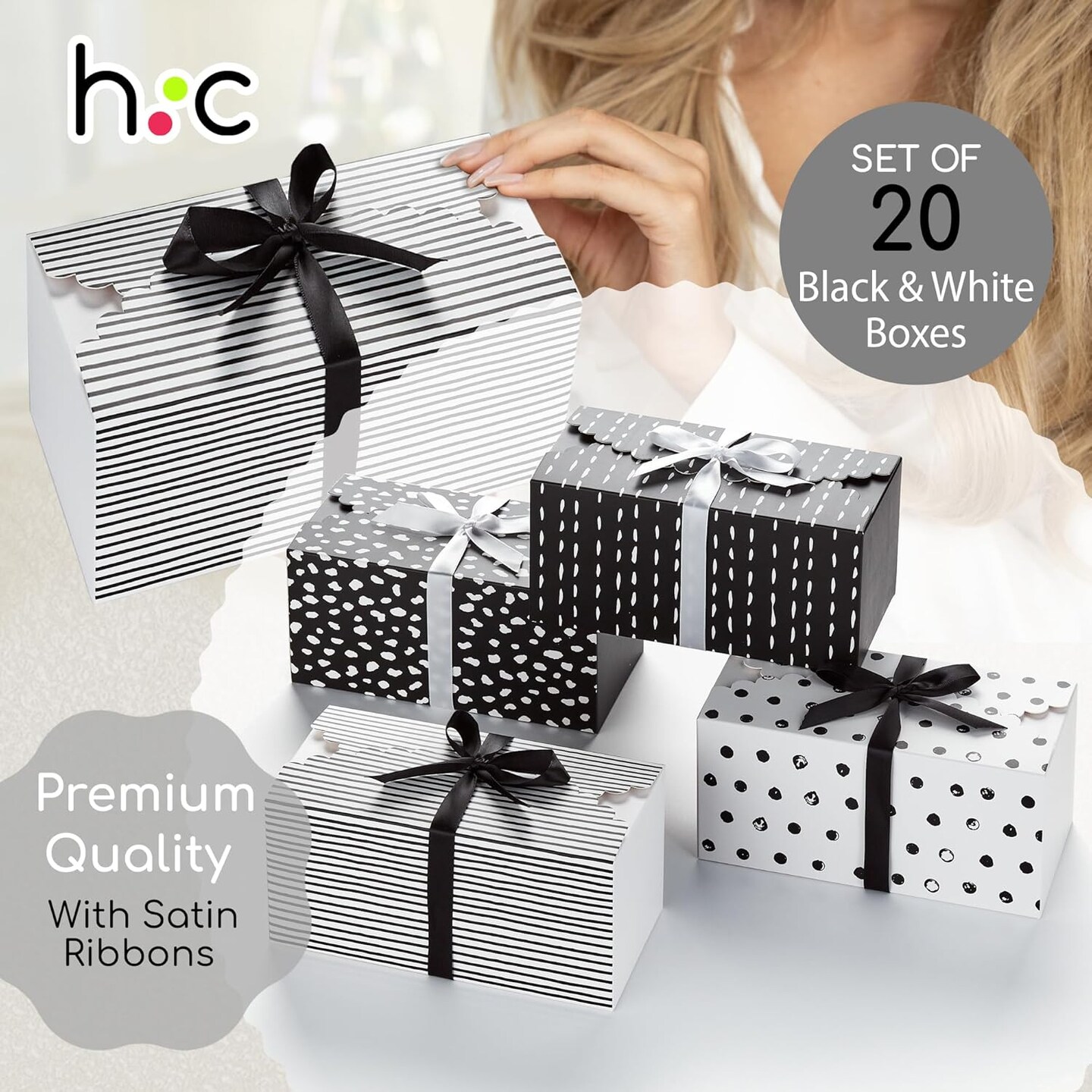 Small Black &#x26; White Gift Boxes with Lids &#x26; Ribbons (20 Pack) 8&#x201D; x 4&#x201D; Cute Decorative Treat Boxes Empty