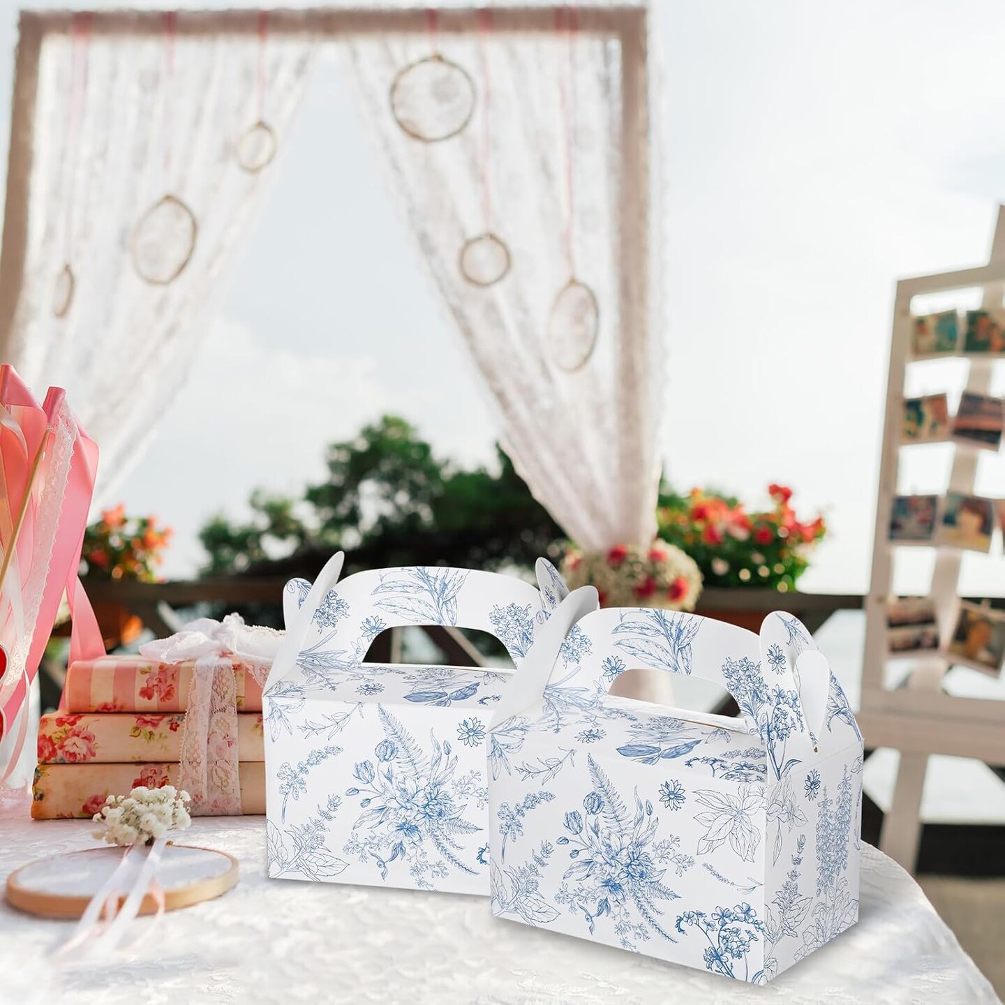 24-Pack Blue Floral Gable Gift Boxes - Chinoiserie Style Paper Party Favor Boxes with Handles - Decorative Floral Candy & Treat Boxes for Weddings, Tea Parties, and Bridal Showers
