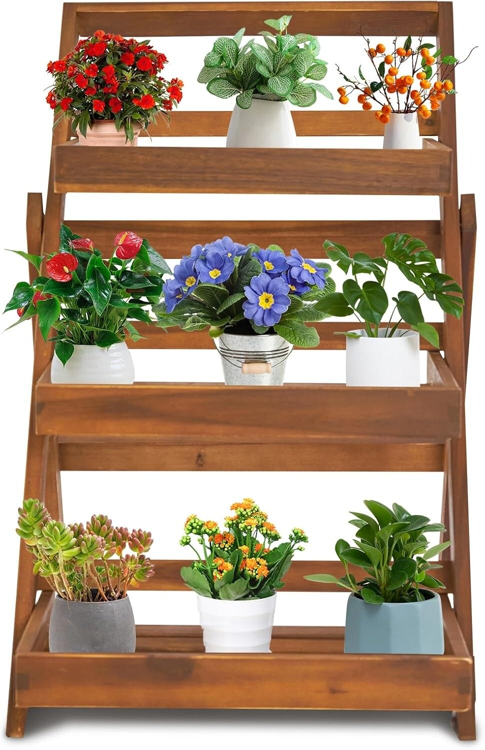 3-Tier Foldable Acacia Wood Plant Stand Display Rack