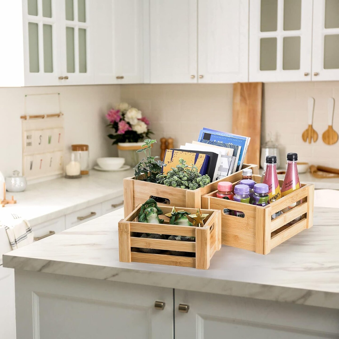 Set of 3 Bamboo Nesting Storage Crates with Handles – Rustic Farmhouse Decorative Organizer Boxes for Kitchen, Office, Bedroom & Closet