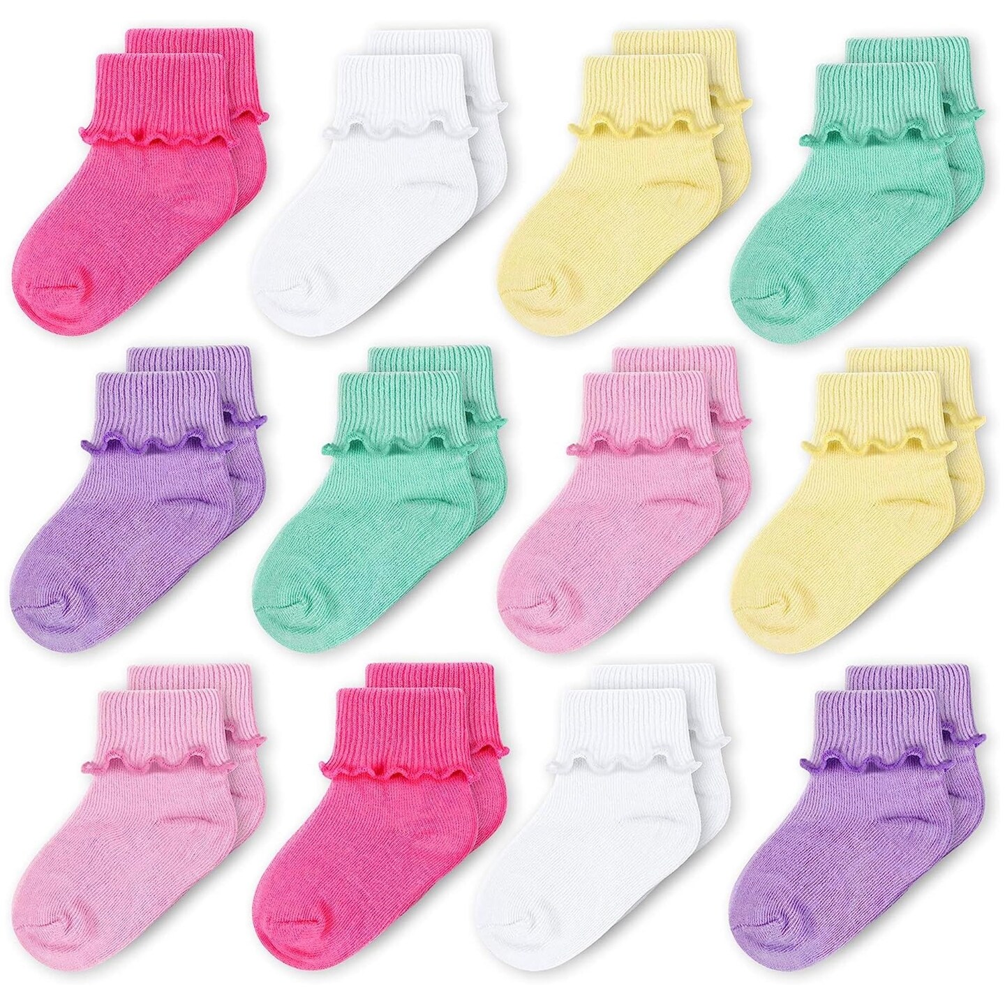 CozyWay Baby Ruffle Socks Baby Girl Turn Cuff Ankle Comfy Cotton Socks Infant - 0-9 Months Multi Color Yellow - 12 Pack
