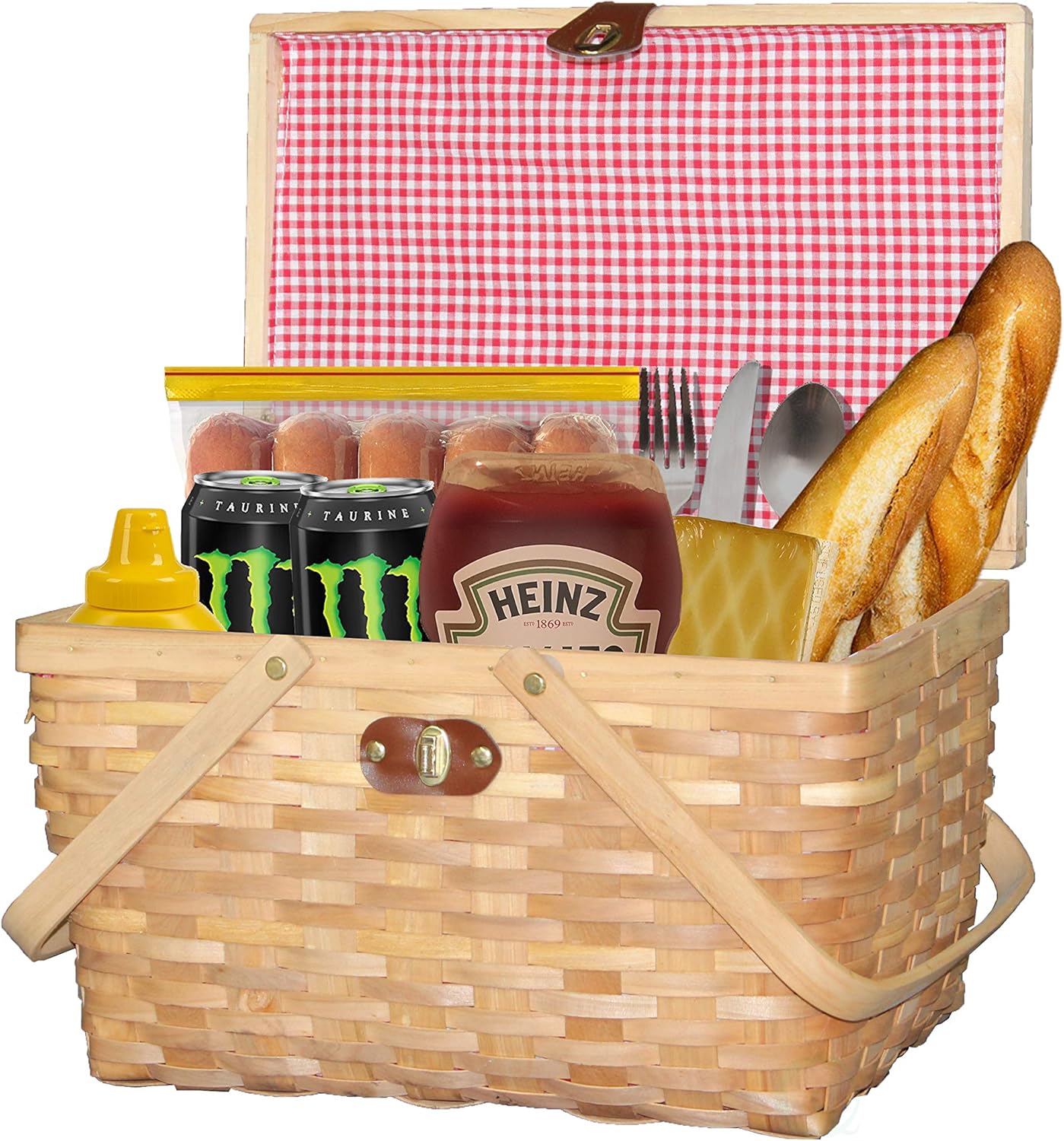 Gingham Lined Woodchip Picnic Basket with Lid and Movable Handles
