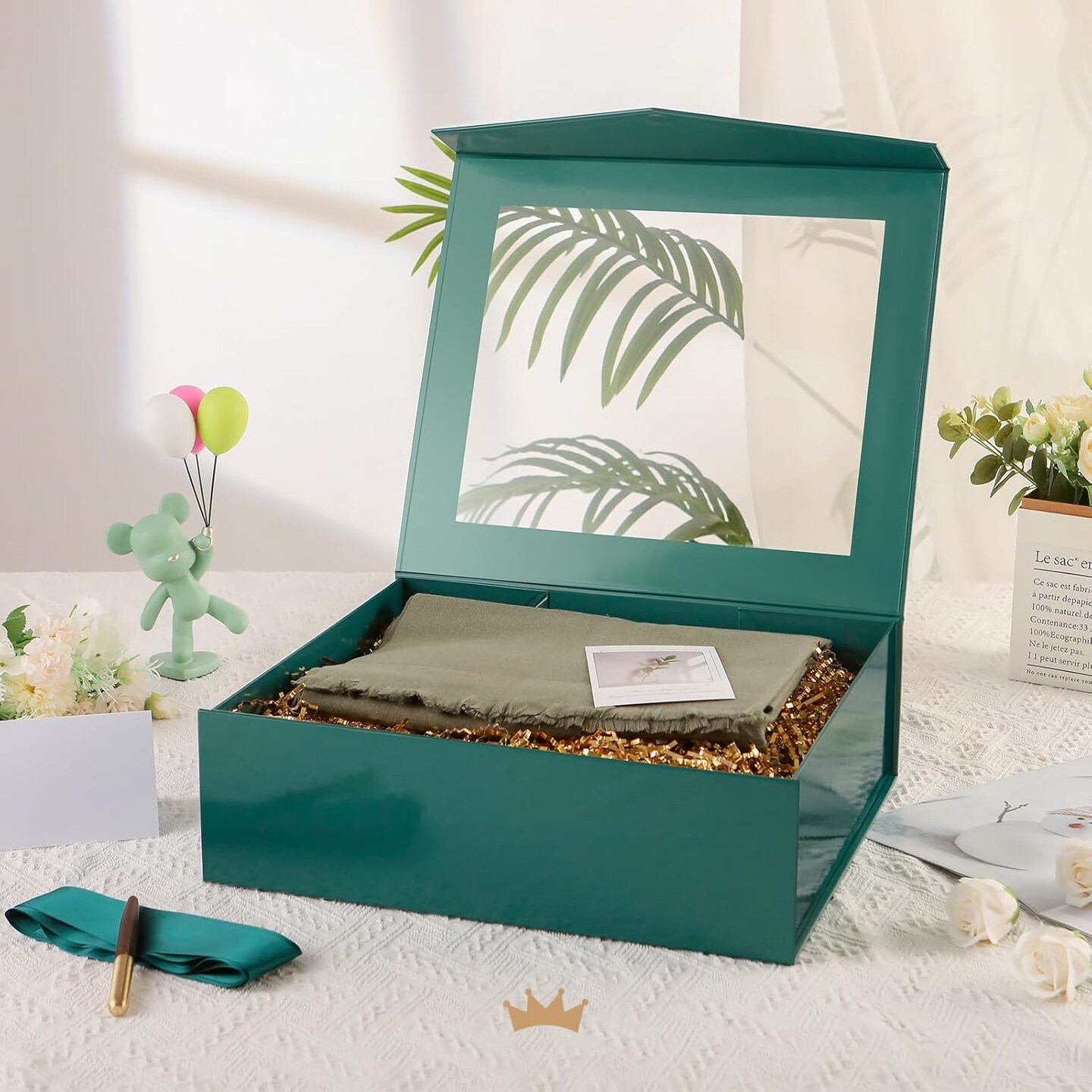Extra Large Green Gift Box with Window, 16.3x14.2x5 Inches Clear Easter Gift Box for Present Contains Ribbon, Card, Groomsman Proposal Box with Magnetic Lid (Glossy Green)