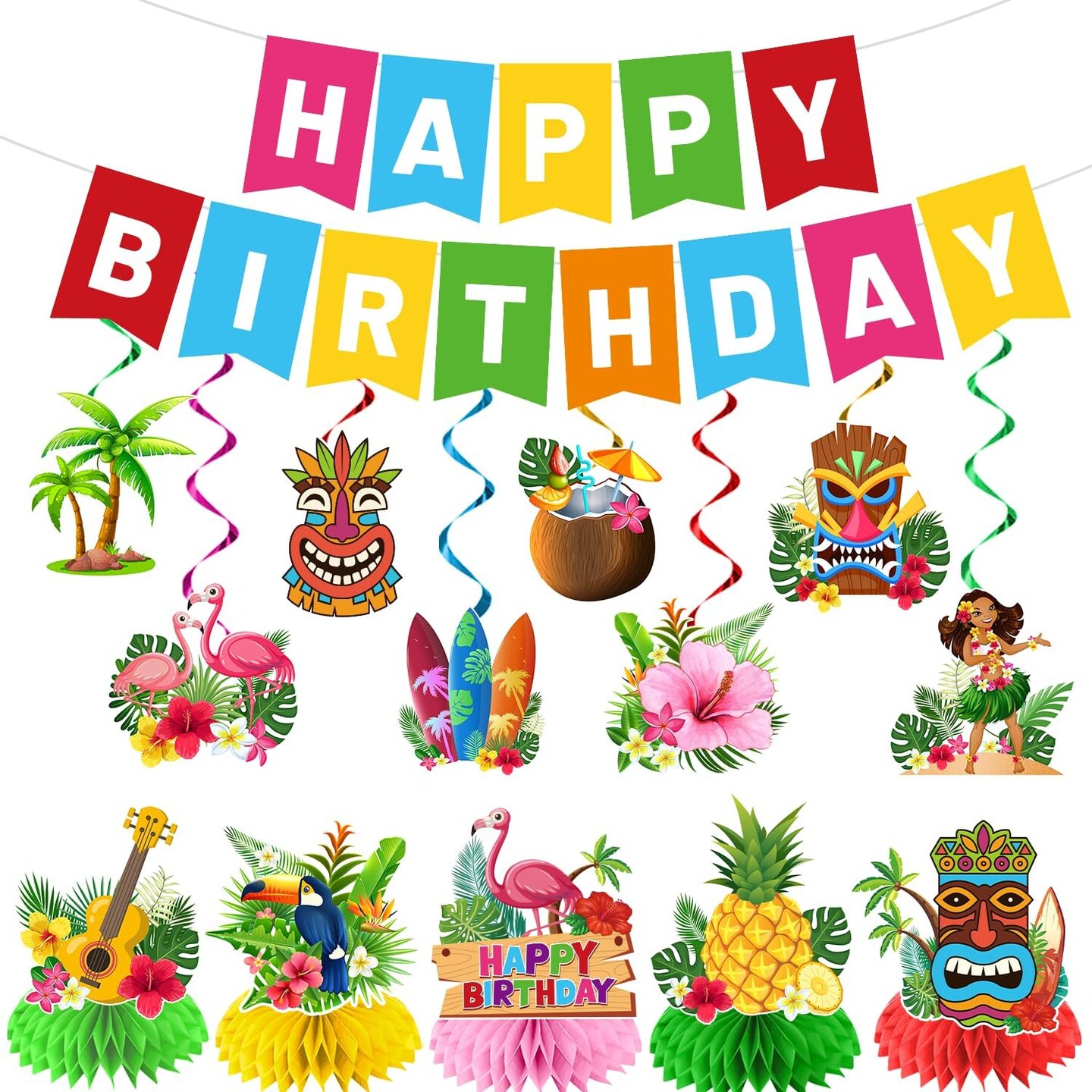 Aloha Beach Themed Party Decorations - Hawaiian Luau Birthday Supplies with Banner Honeycomb and Hanging Swirls for Tropical Summer Pool Party