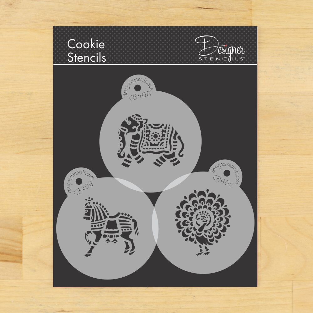 Indian Animals Cookie Stencil Set | C840 by Designer Stencils | Cookie Decorating Tools | Baking Stencils for Royal Icing, Airbrush, Dusting Powder | Reusable Plastic Food Grade Stencil for Cookies | Easy to Use &#x26; Clean Cookie Stencil