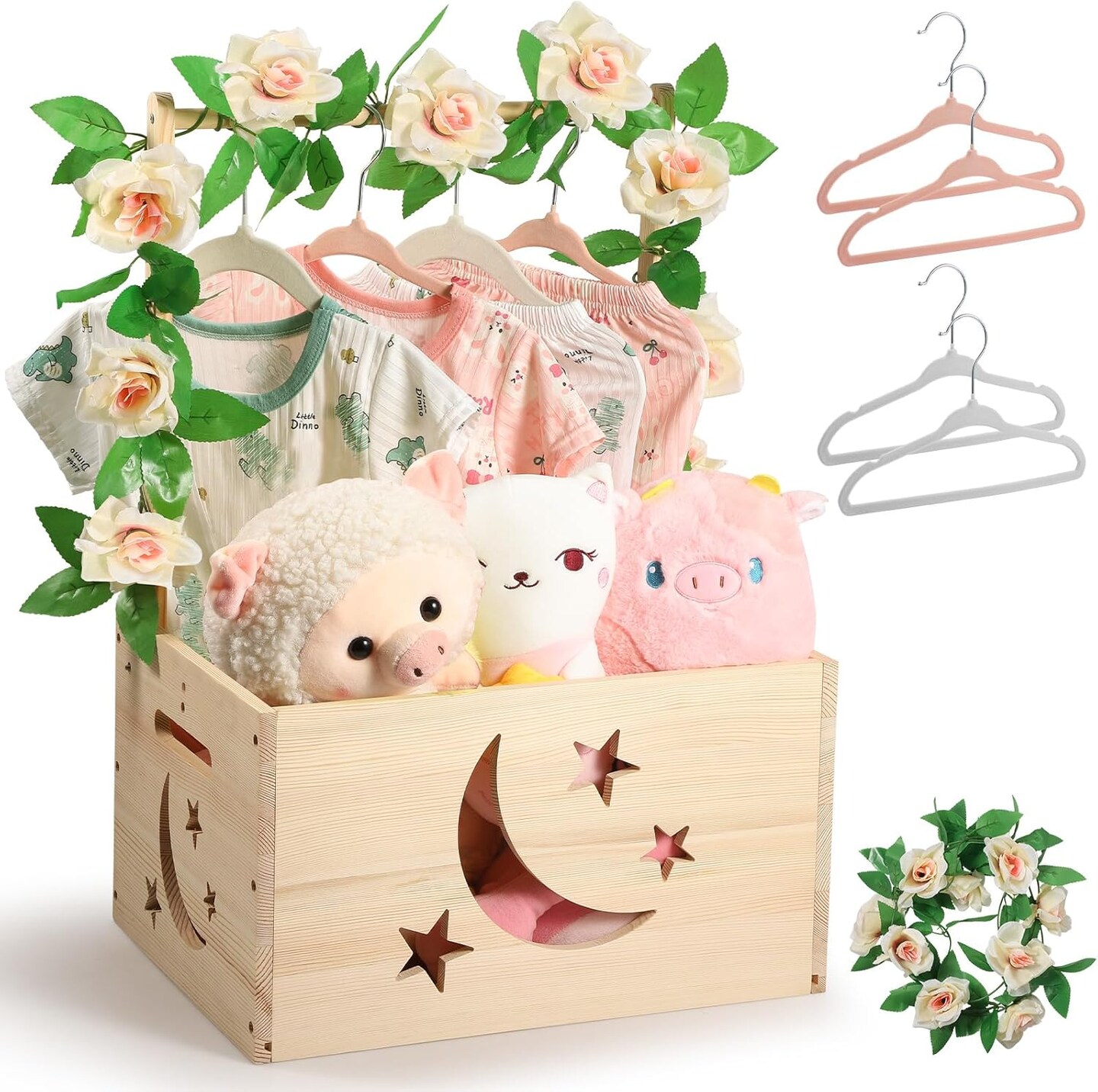 Wooden Baby Shower Crate Closet, Personalized Shower Basket Wooden Crate Box with Handle, Easy Assembly Baby Gift Basket, Pregnancy Gifts for New Parents with Hanger &#x26; Garland