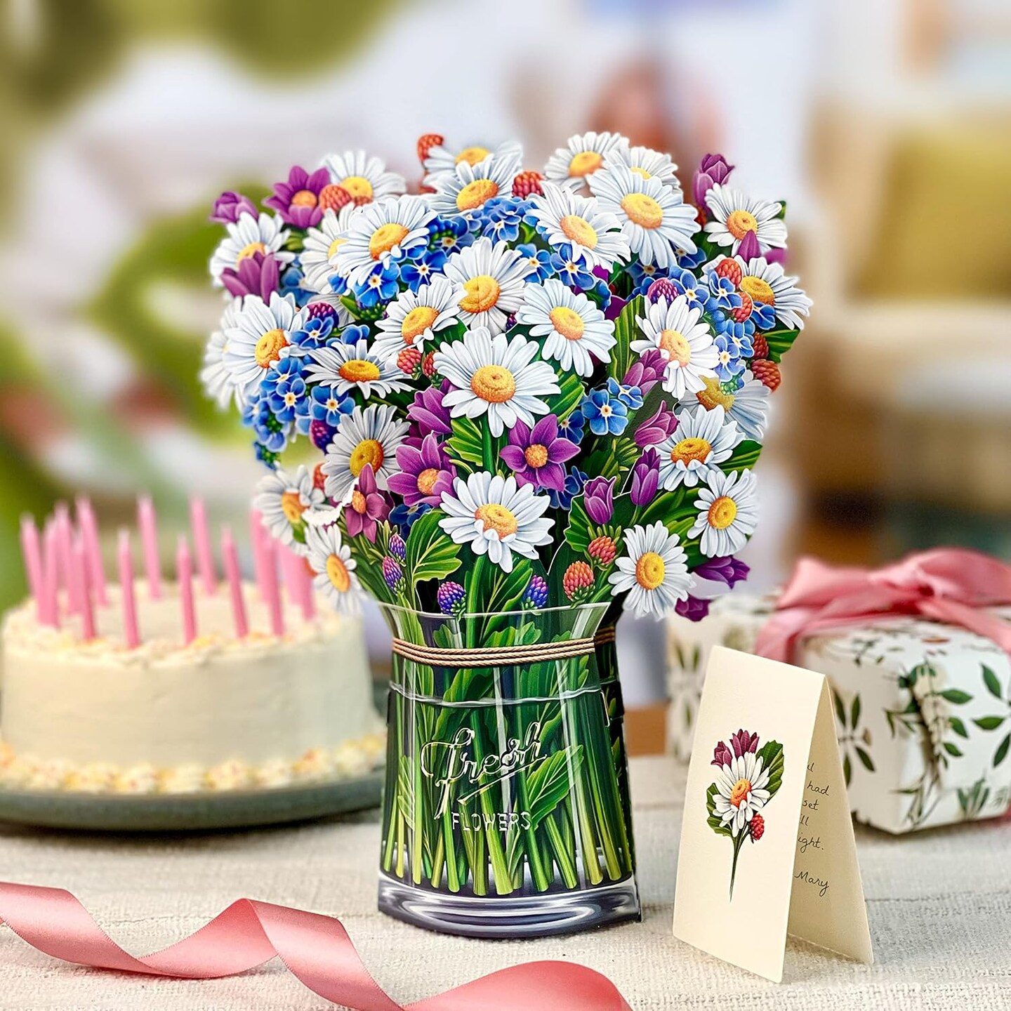 Pop Up Cards, Paper Flower Bouquet 3D Popup Greeting Cards with Note Card & Envelope, Birthday Card, Anniversary, Get Well Gifts for Women, 12" Field of Daisies