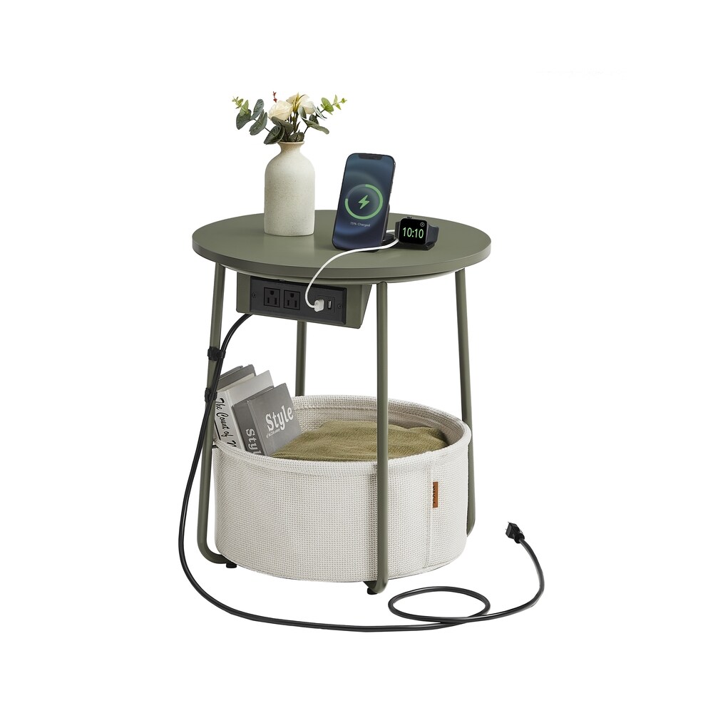 Round Side Table with Charging Station 2 AC Outlets 2 USB Ports Fabric Storage Basket Small End Table Forest Green