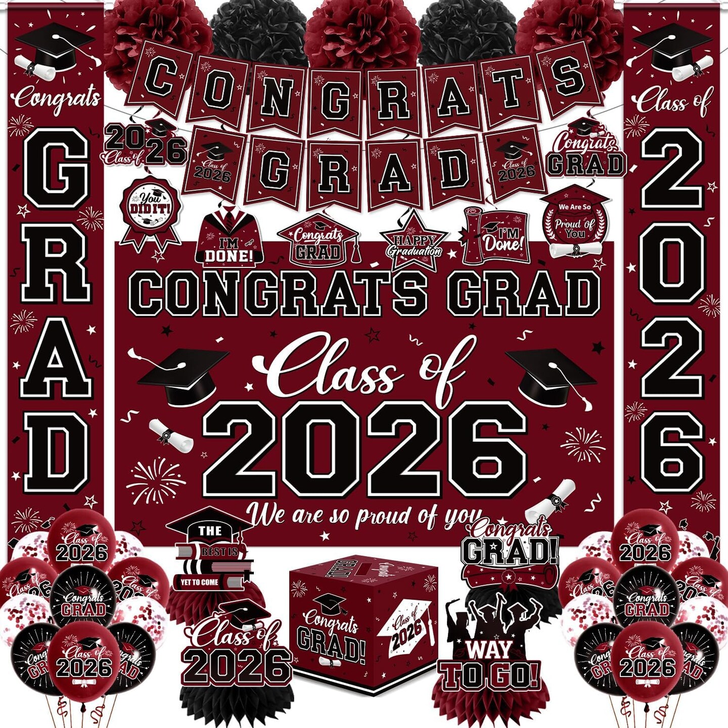 Graduation Party Decorations – Class of 2026 Maroon Complete Decor Set with Banner, Backdrop, Balloons, Streamers & Party Supplies for Graduation Celebrations