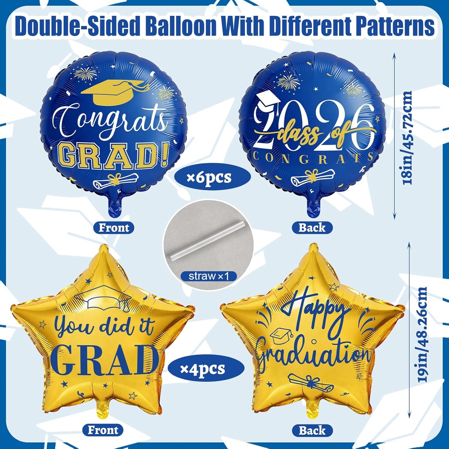 Graduation Party Balloons – Class of 2026 10-Piece Blue & Gold Congrats Grad Foil Balloon Set with Star Mylar Balloons for High School & College Graduation Decorations